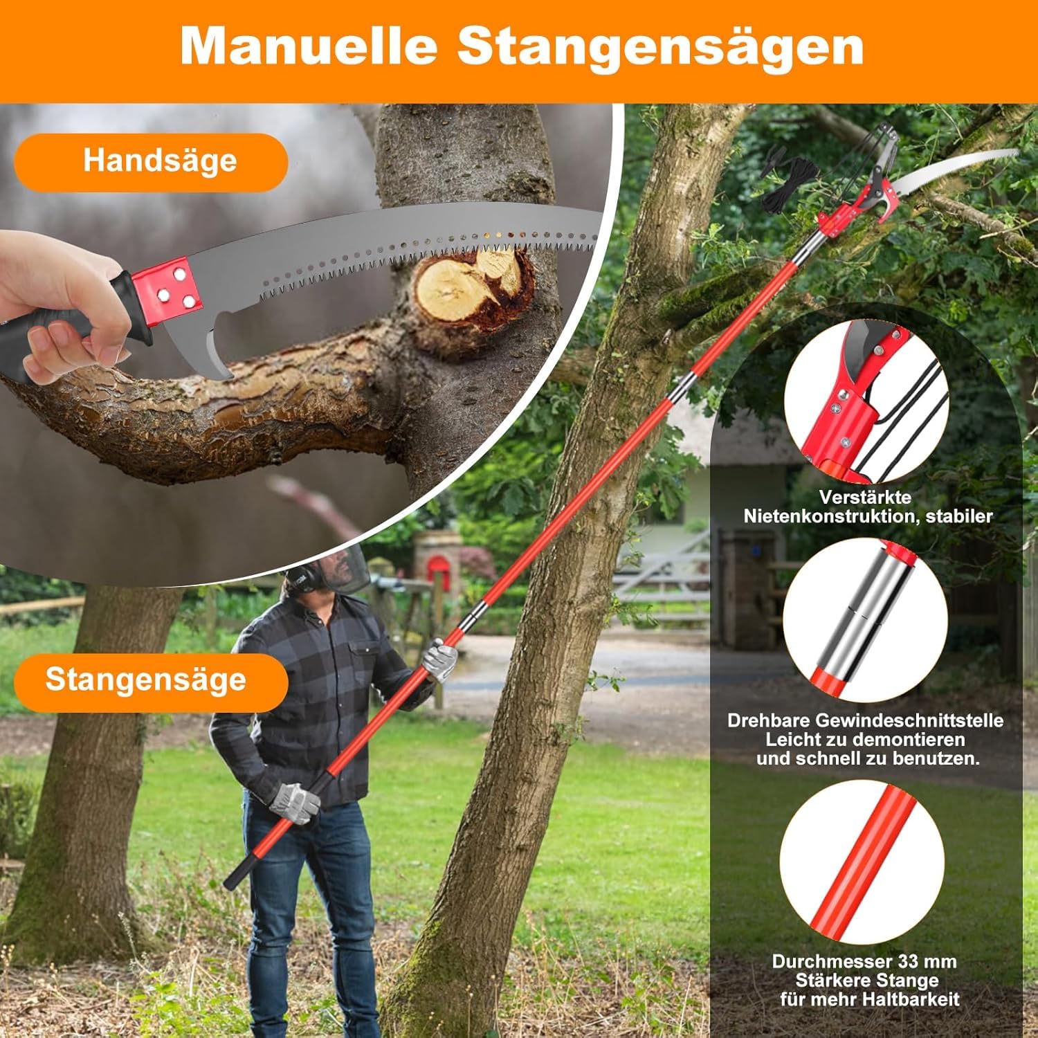 Coupe-Branches Télescopique 2-en-1 9m Perche en Fibre de Verre, Élagueur Professionnel avec Scie Acier 65Mn (∅10cm) et Sécateur à Poulie - Taille Arbres Fruitiers & Jardin