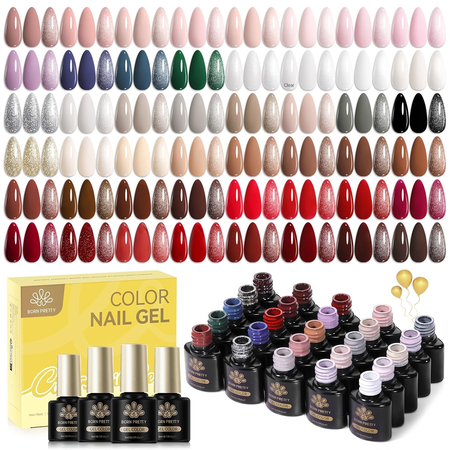 BORN PRETTY 52Pcs Fall Winter Gel Nail Polish Set,48 Colos Burgundy Red Green Snowflake White Khaki Chocolate Brown Gold Silver Sparkle Gel Polish with Glossy Matte Glitter Base Top Coat Gift for Girl