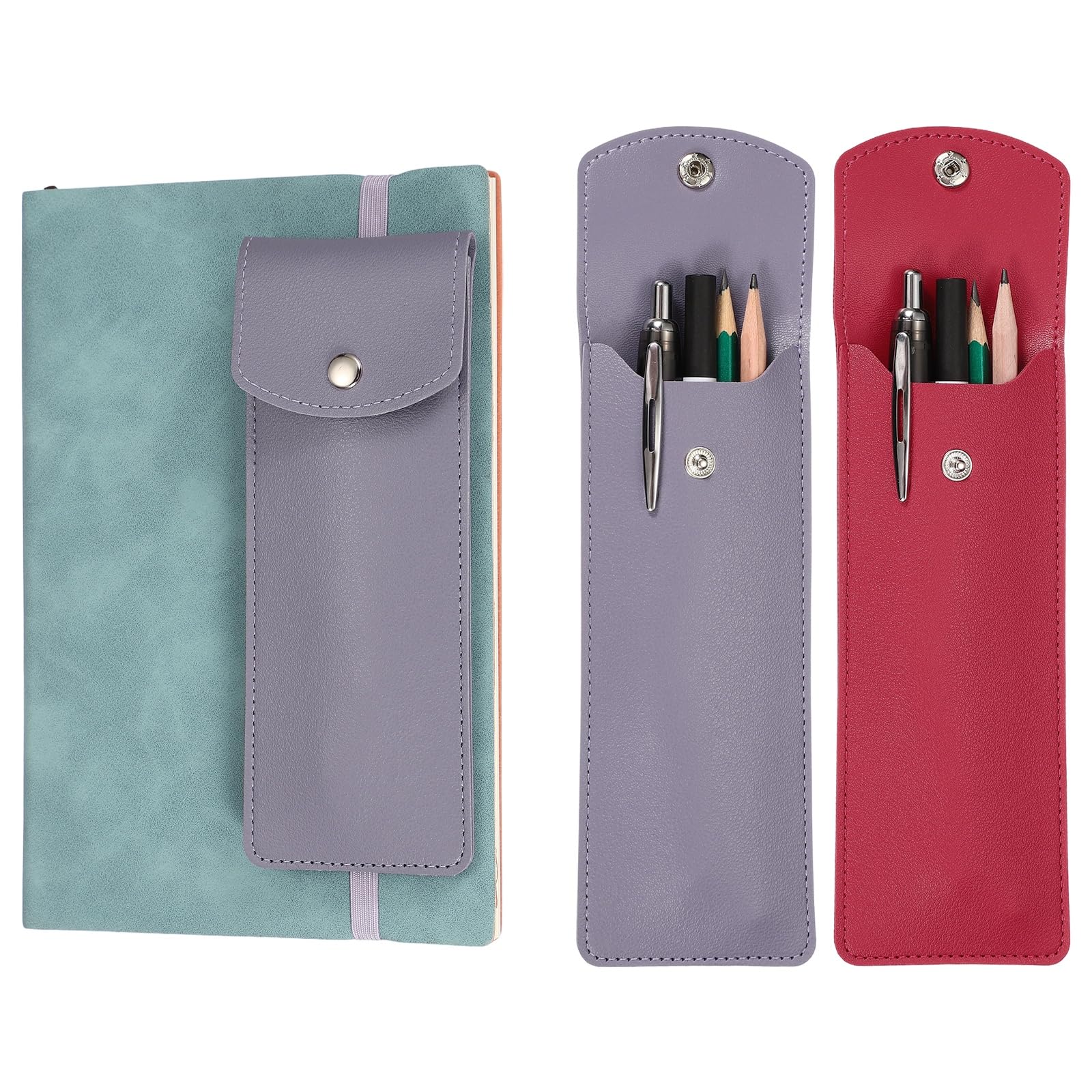 PATIKIL Elastic Band Pen Holder, 2Pcs Adjustable Leather Pen Sleeve Pouch for Notebook Journal Planner Tablet Office Classroom, Fuchsia/Purple