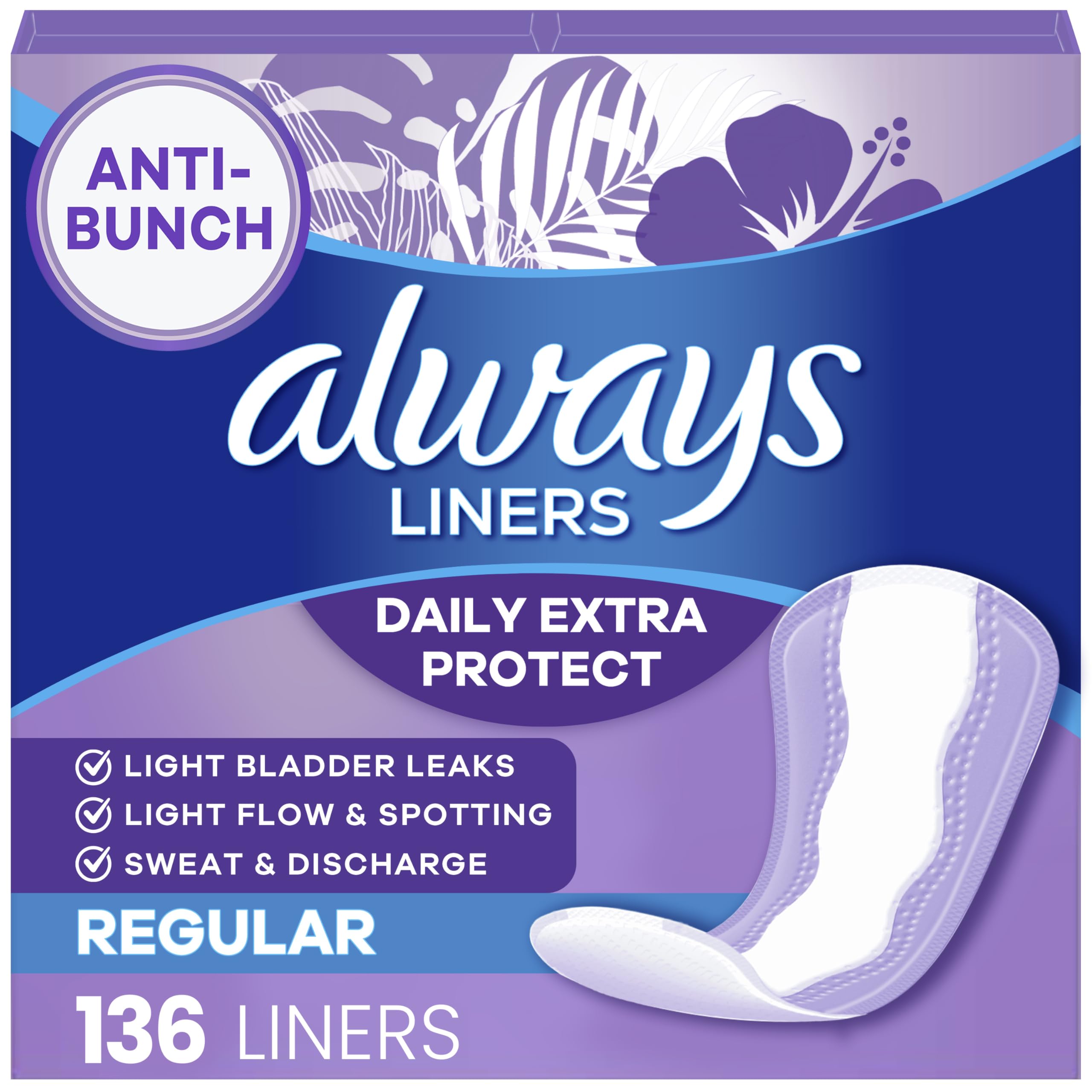 Always Daily Extra Protect Liners, Regular Length, Unscented Panty Liners, 136 Count
