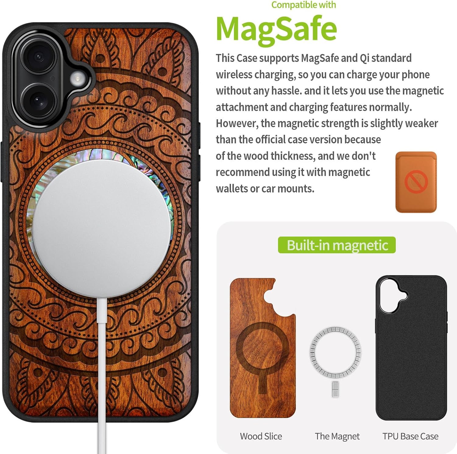 Carveit Magnetic Case for iPhone 16 Plus Case, Wood Artisan Engraved & Handmade Shell Inlaid, TPU Shockproof Cover, Compatible with MagSafe Wireless Chargers (Yin Yang Paisley) Rosy