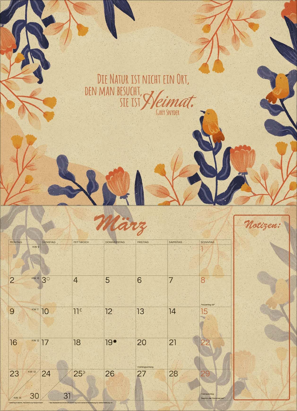 Natural Art Graspapier 2026: Broschürenkalender mit Ferienterminen. Format: 42 x 29 cm