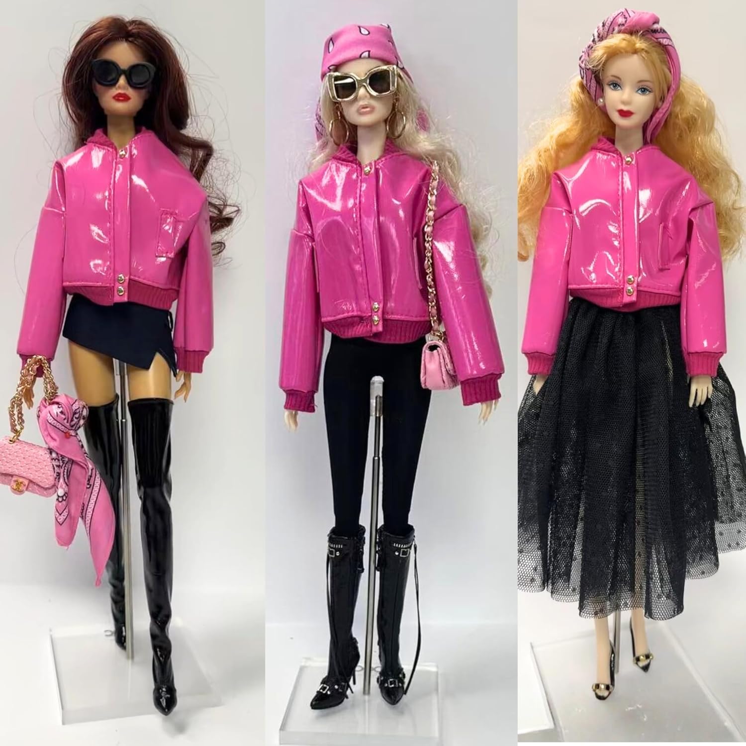 Fashion Doll Outfit Set, Pink Jacket with Scarf and Chain Bag, for 11.5-12 inch Dolls, 1/6 BJD Action Figures (Pink 3pieces)