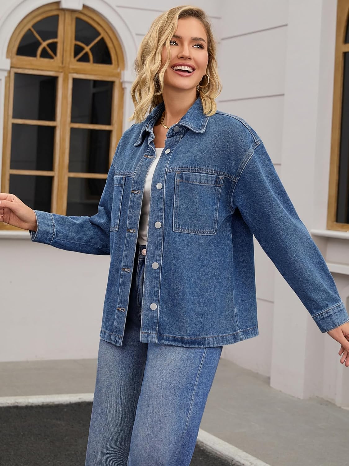 Women's Oversized Denim Jacket Casual Patch Pocket Fall Utility Jean Jackets - Image 2