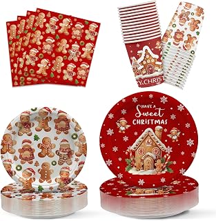 Hiboss 104PCS Gingerbread Christmas Party Supplies Dinnerware Set, Xmas Decoration Gingerbread Man Disposable Paper Plates Napkins Cups for Christmas Party Serves 26