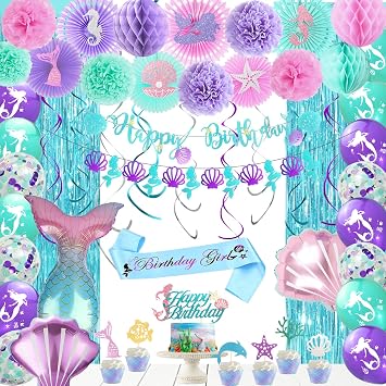 Hombae Mermaid Birthday Decorations, Little Mermaid Party Supplies with Pink Teal Purple Paper Fans, Pom Poms, Balloons, Fringe Curtains, Cake Topper, Sash