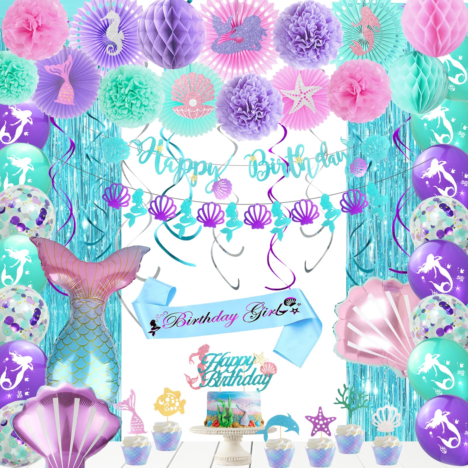 Hombae Mermaid Birthday Decorations, Little Mermaid Party Supplies with Pink Teal Purple Paper Fans, Pom Poms, Balloons, Fringe Curtains, Cake Topper,