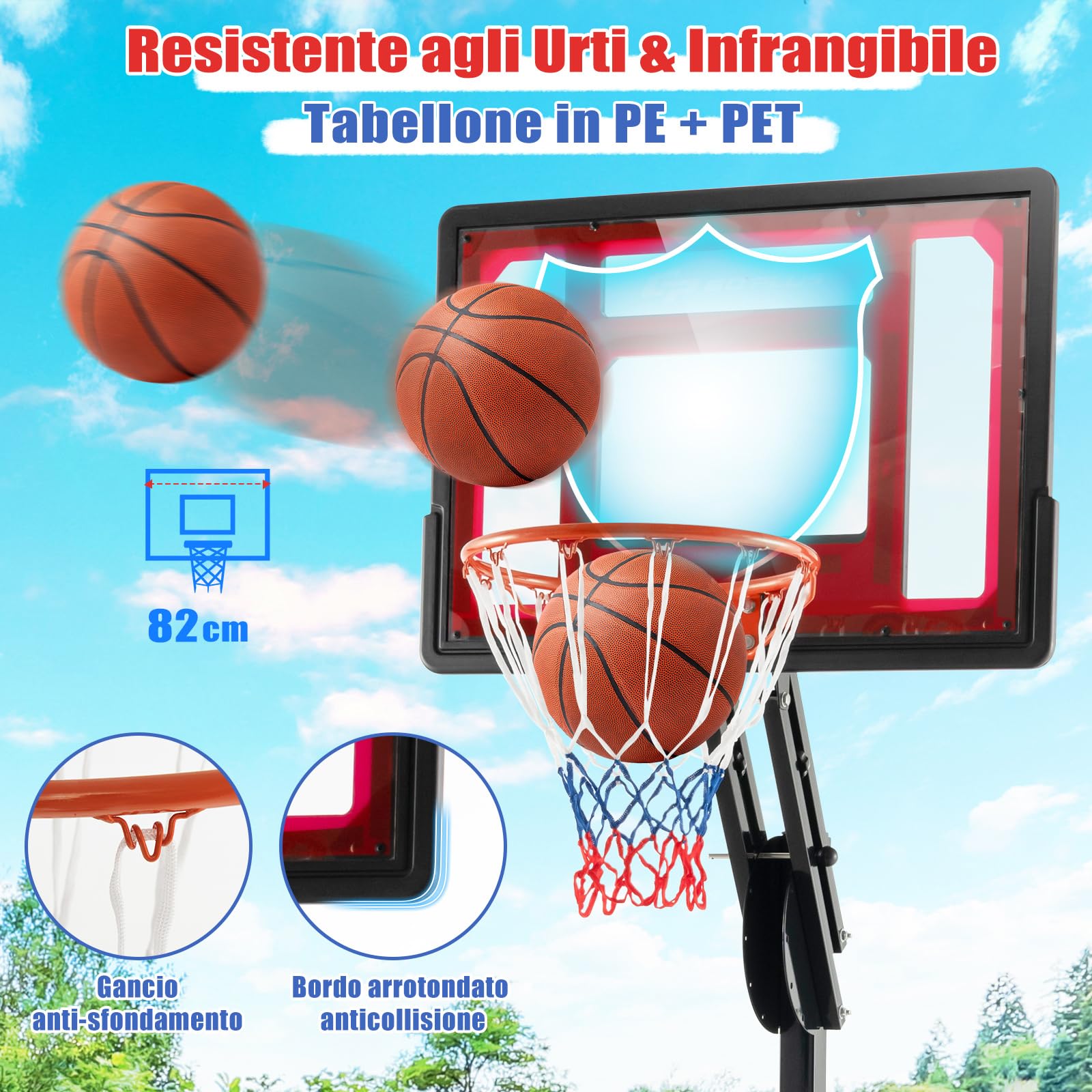 COSTWAY Canestro da Basket da Esterno ed Interno, Canestro da Basket Regolabile a 10 Livelli e Portatile, con Tabellone da 82cm, 2 Ruote e Borsa, per Tutte le Condizioni Atmosferiche