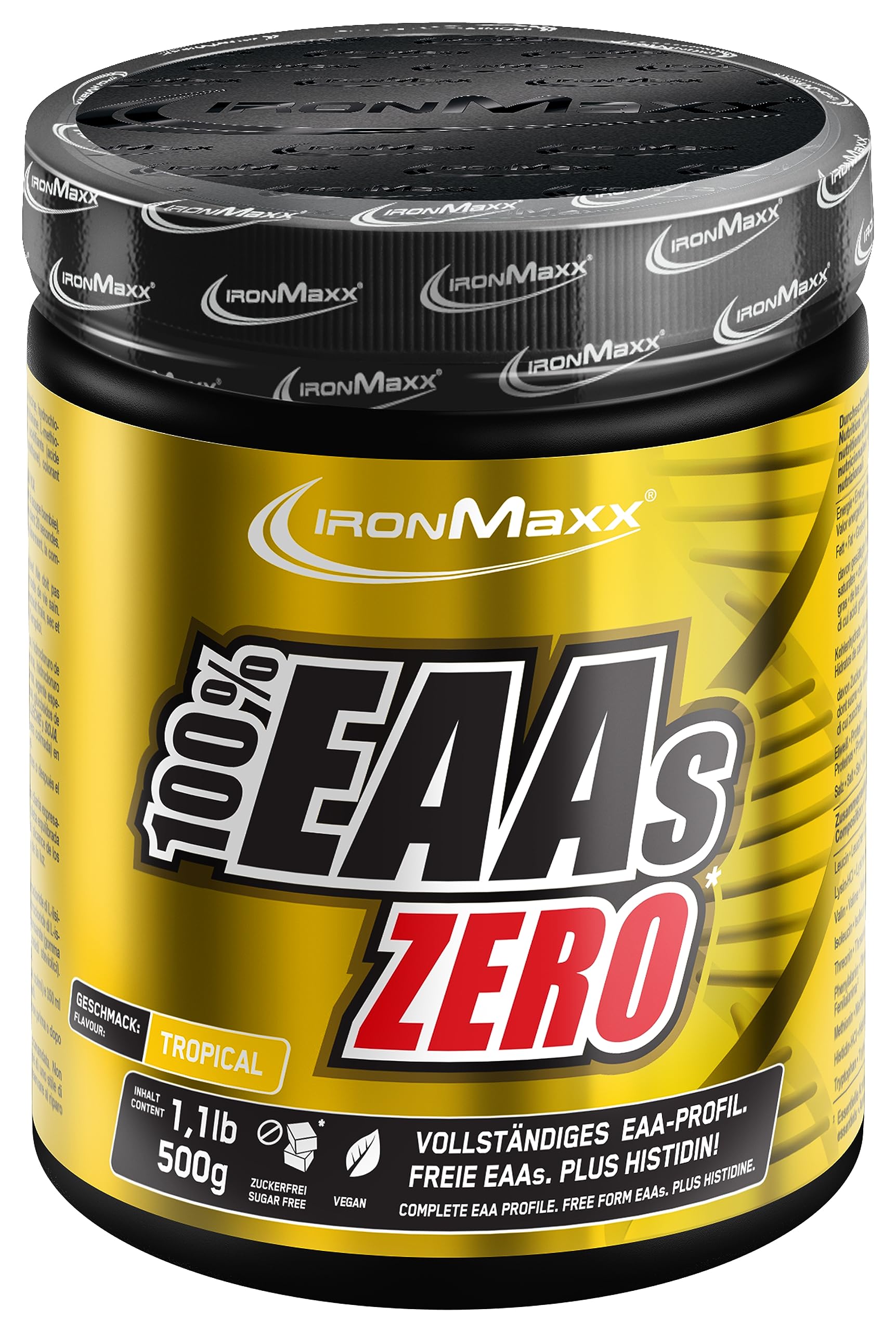 IronMaxx 100% EAAs Zero - Tropical 500g Dose | EAA-Pulver,Vegan Und Zuckerfrei Mit Allen 8 Essentiellen Aminosäuren | Fruchtiger Geschmack, Frei Von Konservierungsstoffen