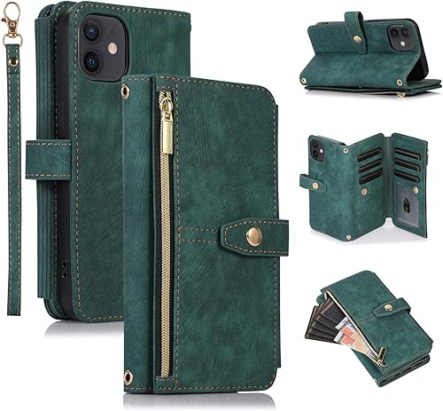 UEEBAI Funda para iPhone 12 Mini de 5.4 pulgadas, 9 ranuras para tarjetas, cartera de cuero retro a prueba de golpes, con correa de mano, ranuras