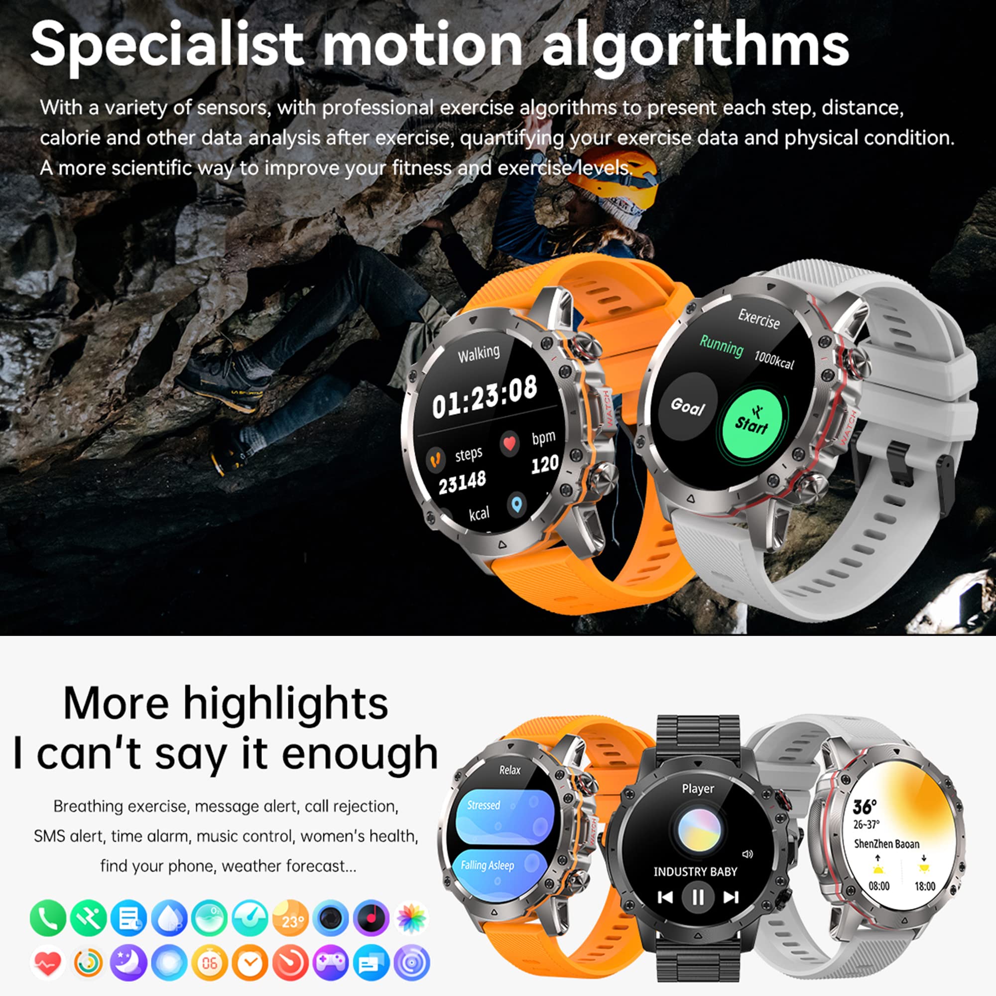 Smartwatche Mężczyźni z Funkcje Telefonu Bluetooth, Sportowy Smartwatch 1,43 Cala ze 110+ trybami Sportowymi, Pomiarem Tętna, Odtwarzaczem Muzycznym, Wodoodpornością IP68 dla Android iOS (srebrny)