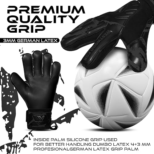 WESTWOOD FOX Guanti da portiere, protezione dita, guanti da portiere per calcio per bambini, ragazzi, adulti, palmo Heavy Grip con Dumbo Latex 4+3 mm, supporto al polso (Nero profondo, Taglia 9) - 6