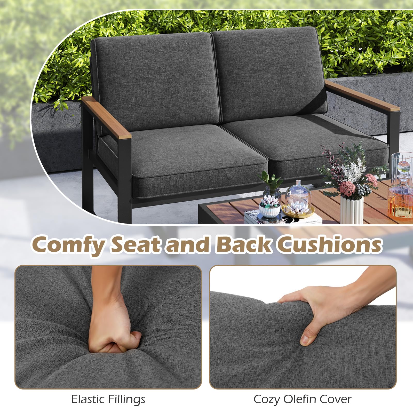 GIANTEX Set di mobili da giardino da balcone, resistente alle intemperie, con telaio in alluminio, set da 2 posti, divano e tavolino da caffè, con cuscino, set da balcone per 2 persone, set da