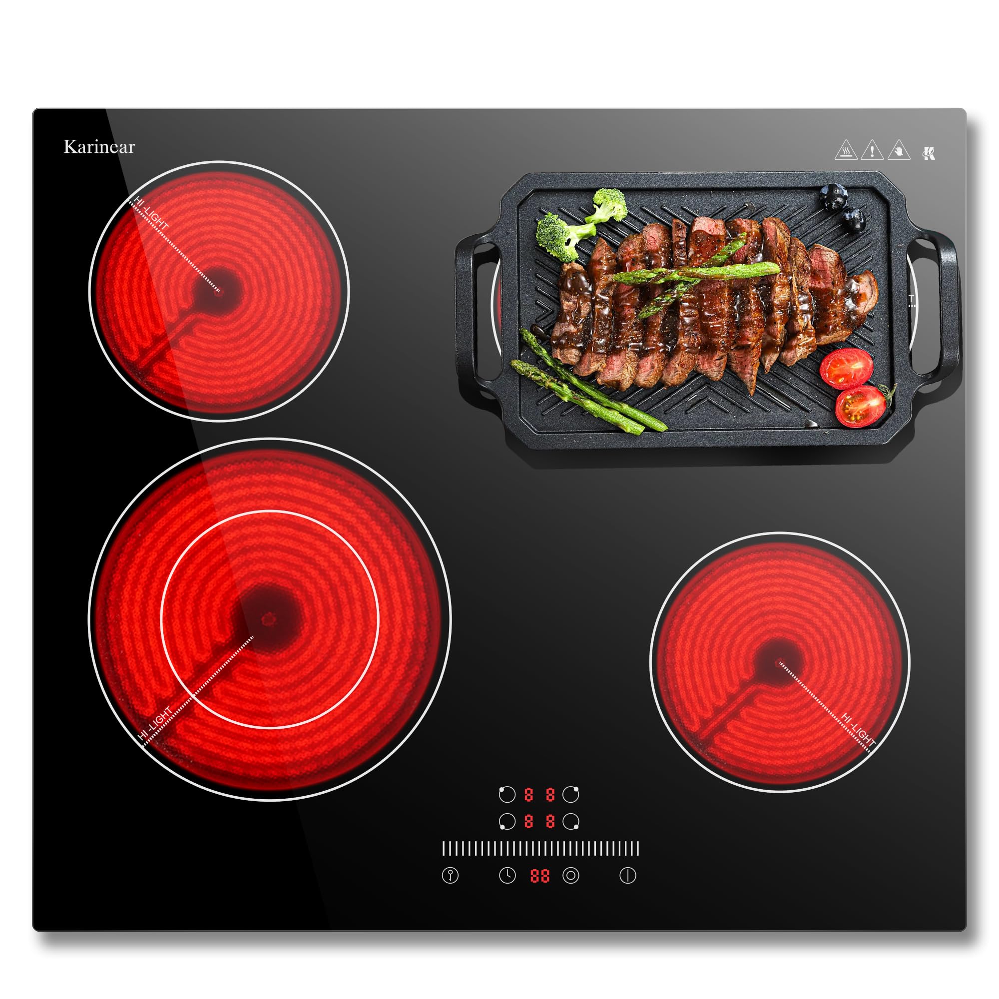 Karinear Placa vitroceramica 4 Fuegos 60cm, Área ampliable | Control Deslizante, Bloqueo de Seguridad, Temporizador de 99 minutos，Indicador de calor residual