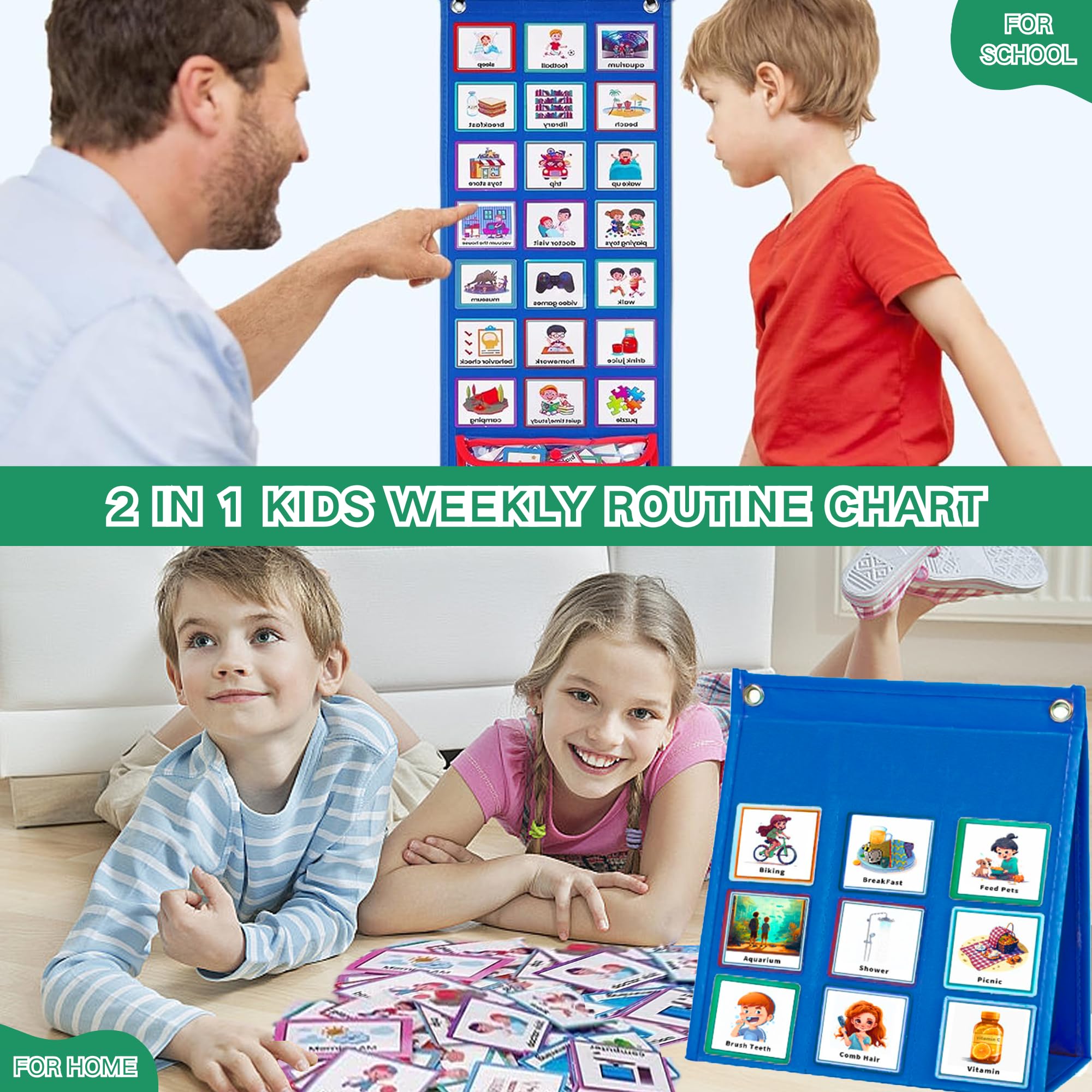 Orario Visivo Grafico Giornaliero Routine per Bambini, Routine Piano Bambini Giornaliera con 96 Carte, Agenda Visiva Bambini Autismo Libro, Calendario Didattico Inglese, Scuola Domestica（Blu）