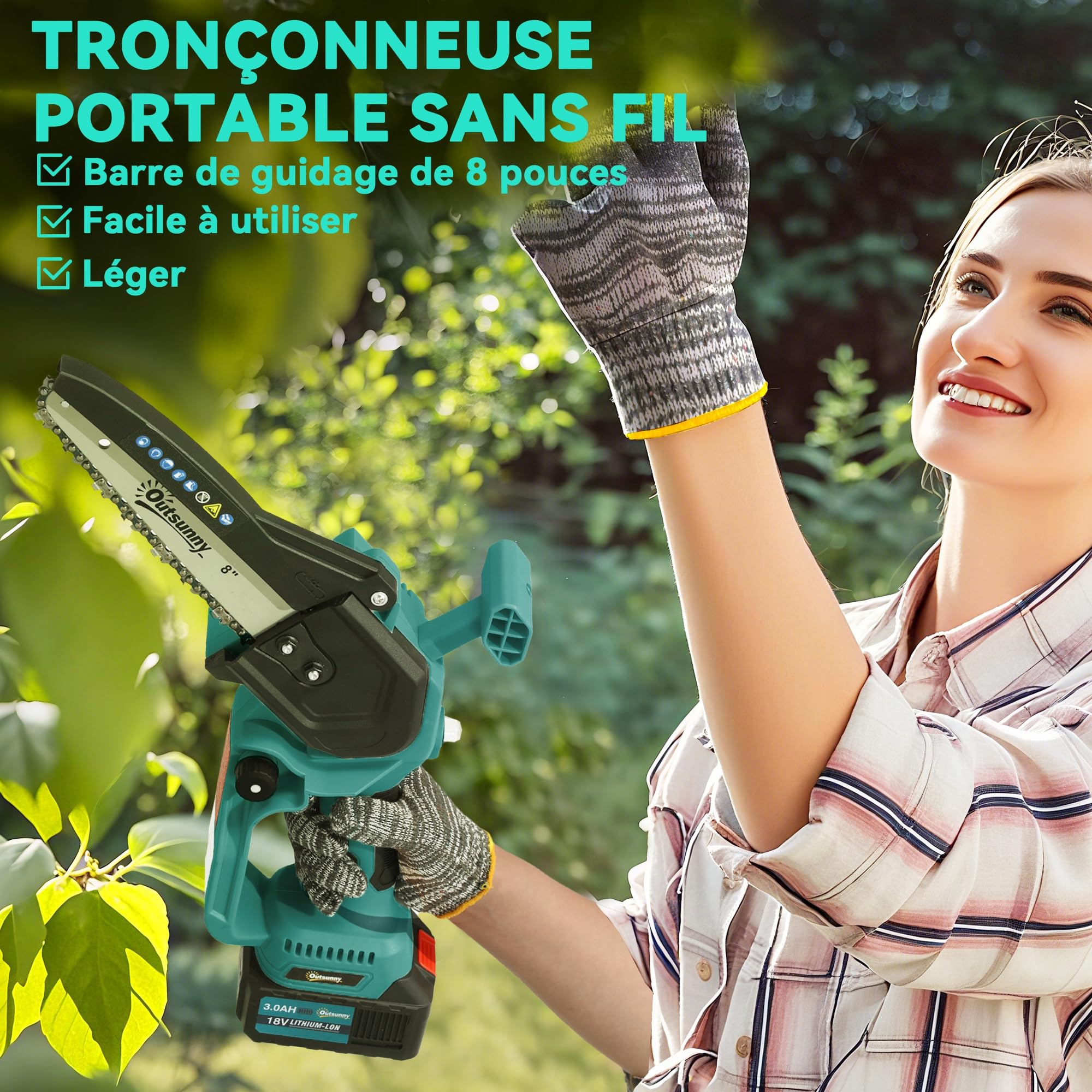 Outsunny Mini Tronçonneuse à Batterie 8 Pouces 6000mAh 580W Bleu