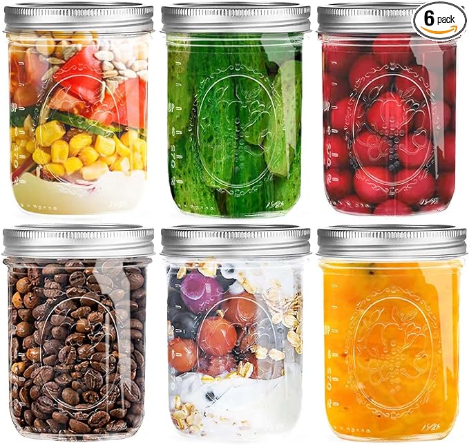 Wide Mouth Mason Jars 16 oz with Lids [6 Pack], Canning Jars with Metal Airtight Lids and Bands, 16 oz Glass Jars for Fermenting, Pickling, Freezing, Preserving, Meal Prep, Jar Décor