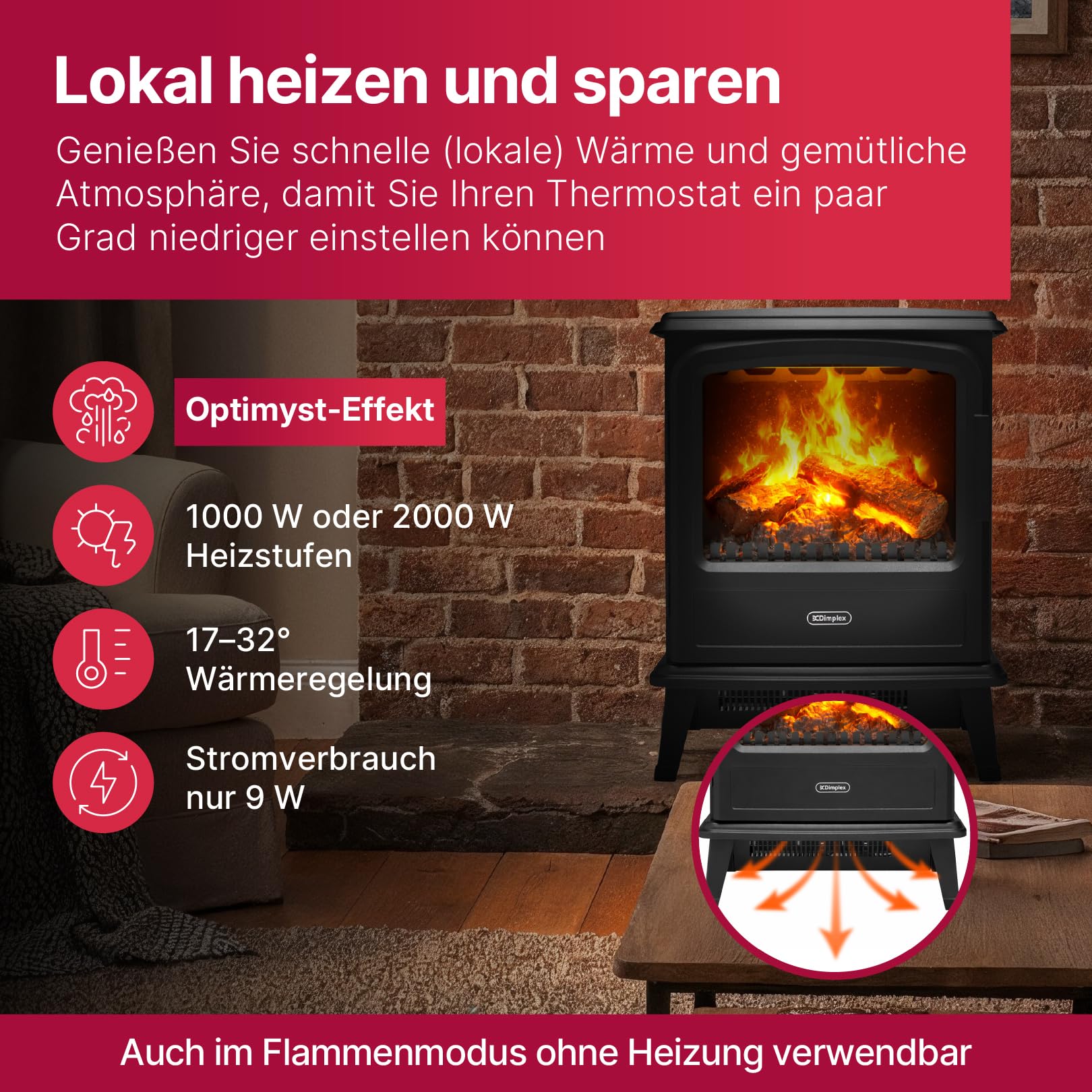 Dimplex Elektrokamin Evandale - Elektrokamin mit Heizung und Kaminfeuer - 1000W / 2000W - Wasserdampf Kamin - LED Optimyst 3D Flammeneffekt - Inklusive Fernbedienung - Black