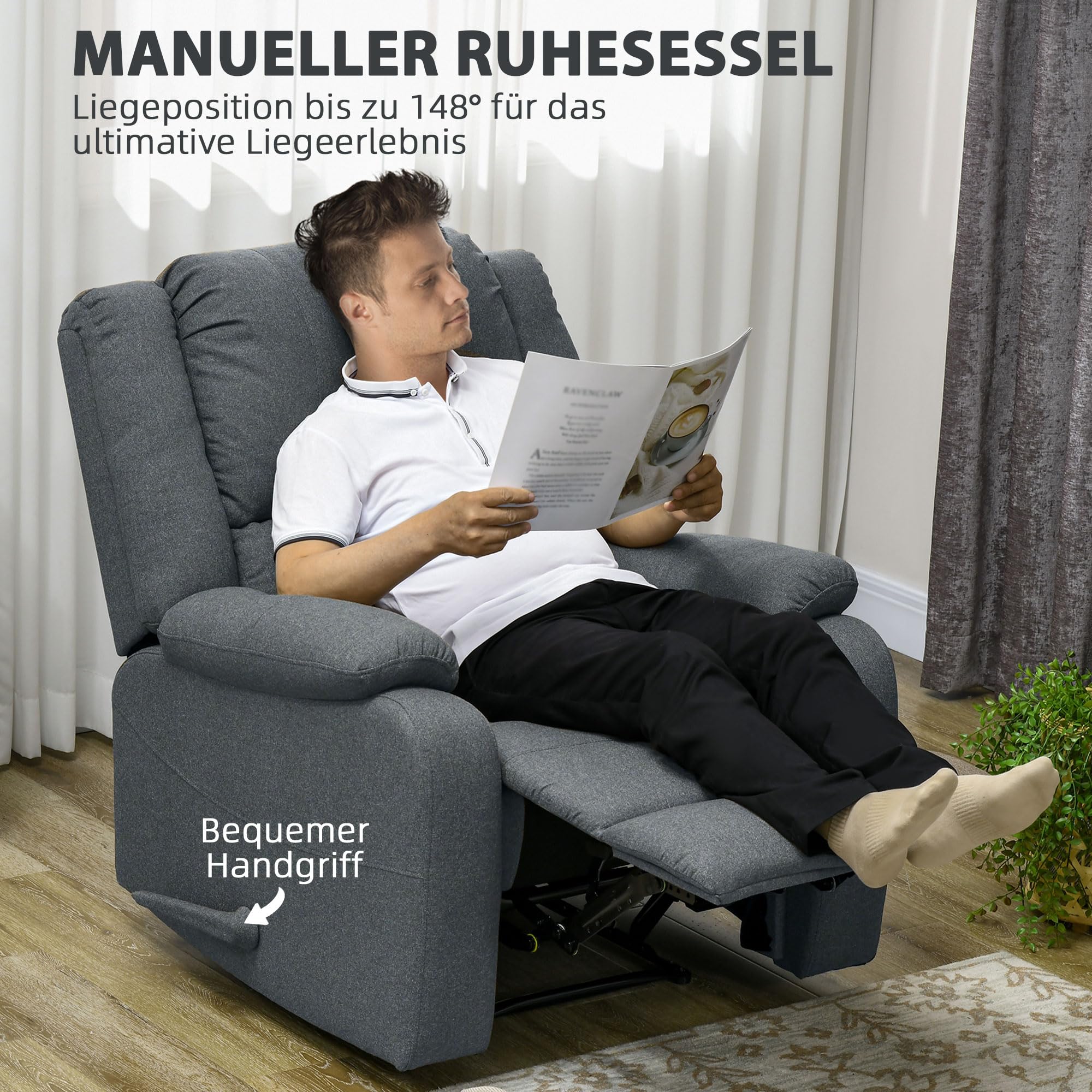 HOMCOM Relaxsessel Fernsehsessel mit Liegefunktion Liegesessel Sessel mit Verstellbarer Rückenlehne, Fußstütze TV-Sessel mit Leinenoptik für Wohnzimmer Schlafzimmer, Dunkelgrau