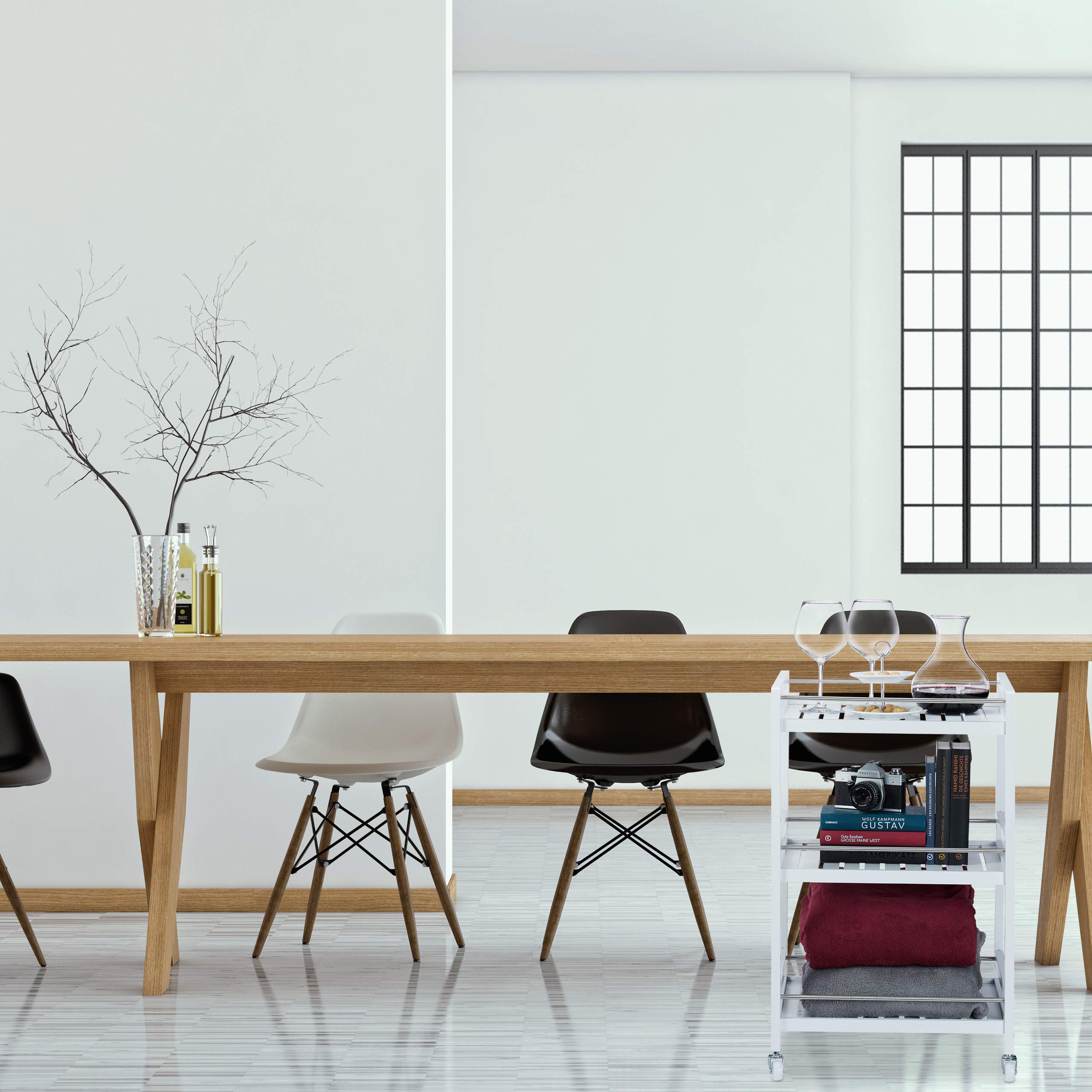 Relaxdays, blanc Desserte de Cuisine Bambou, 3 étages, chariot de service, Roulette 360°, HxlxP 76,5 x 46 x 38 cm, inox, plastique