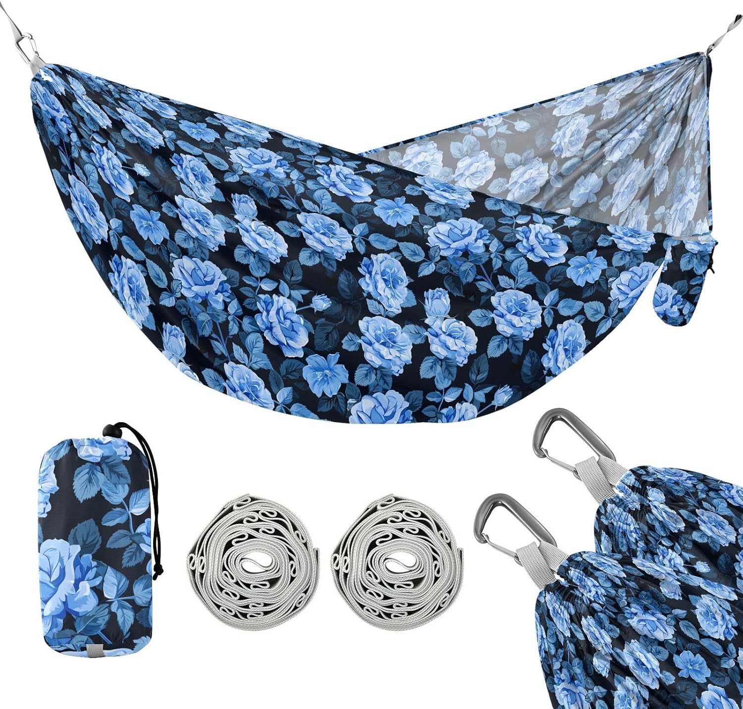 ALAZA Blue Rose Flower Floral Camping Hammocks Single or 2 Person 500 lbs Portable Parachute Travel Hammock w/Tree Straps for Hiking Backpacking Indoor Outdoor
