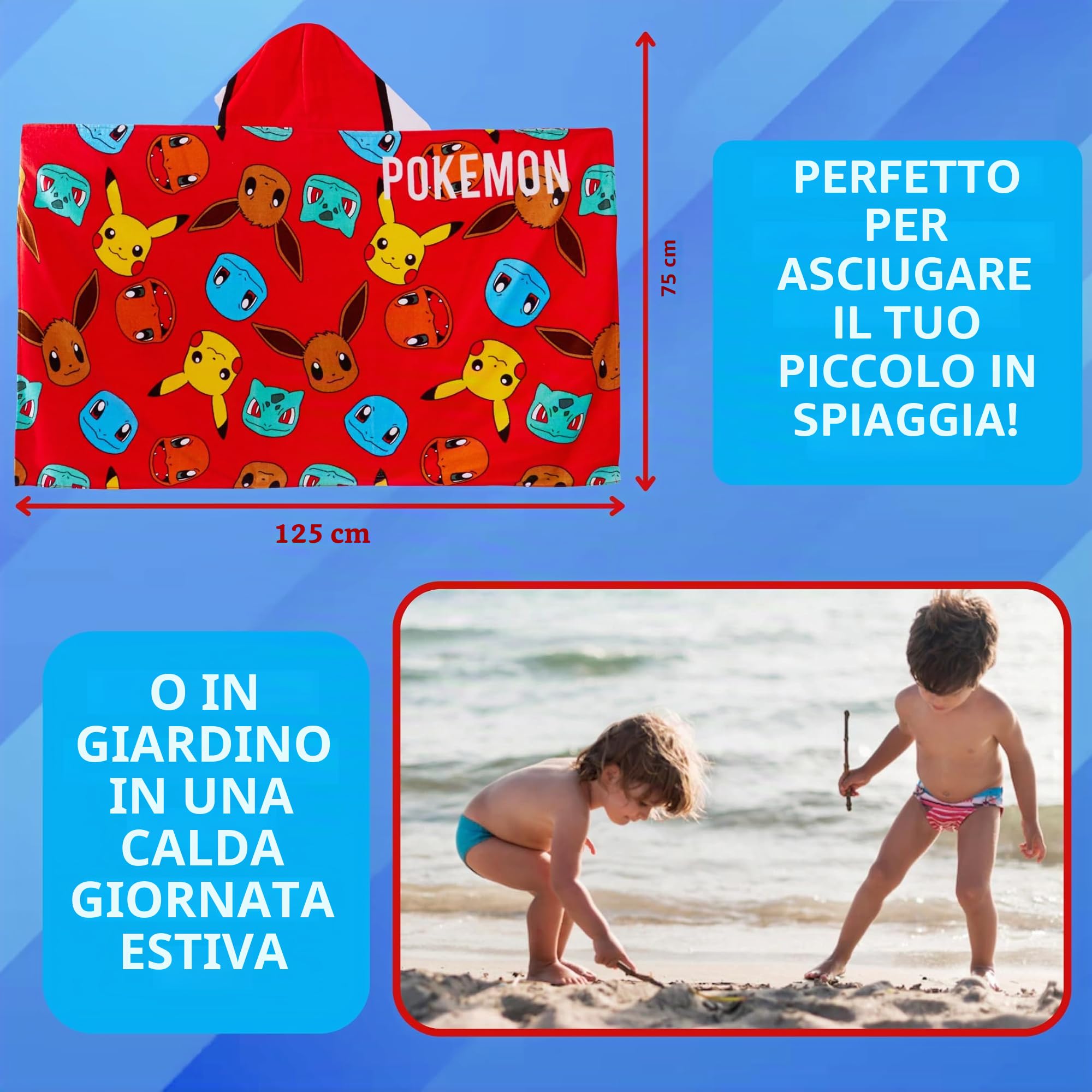 Pokémon Asciugamano con Cappuccio 100% Cotone - Poncho per Bambini da Spiaggia e Bagno Pokeball Pikachu - Avvolgente Copertura per il Cambio, Rosso