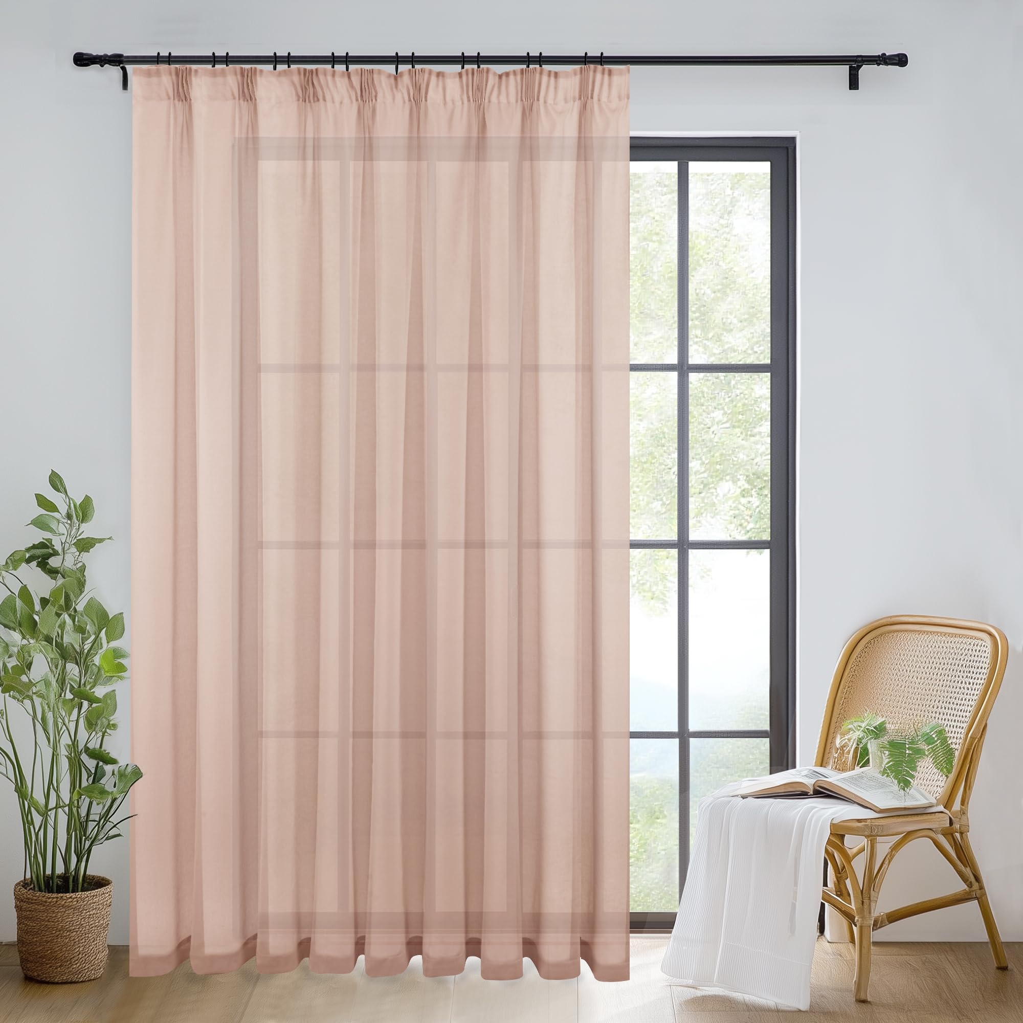 DWCN Voile Gardinen mit Kräuselband Transparent Blush Rosa H 220 x B 300 cm