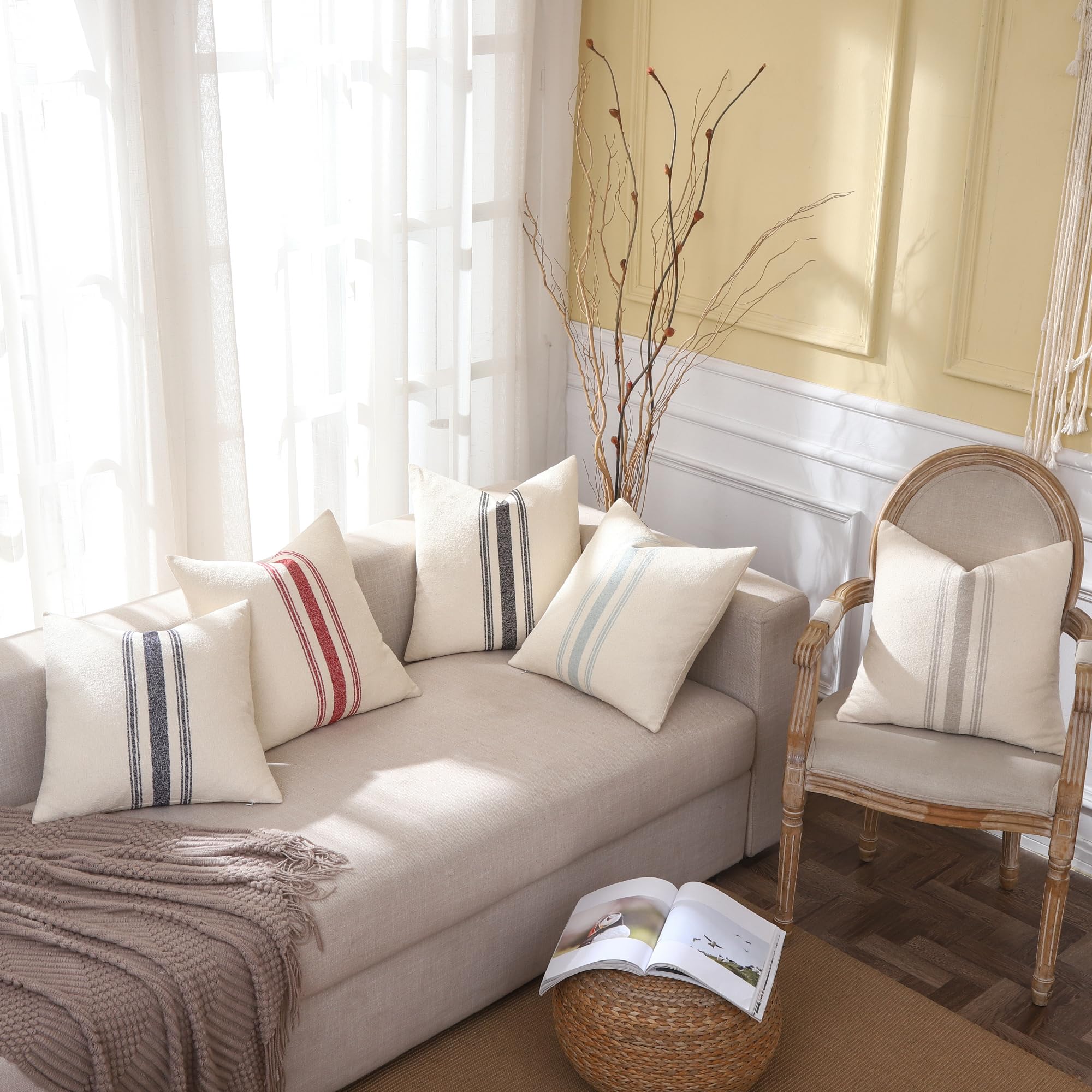 Tosleo Boho Throw Pillow Covers 18x18 inch Set of 2 Couch Decorative Pillow Cases Woven Textured Linen Neutral Christmas Red Stripes Boho Cushion Cover Alentine's Day Dec Farmhouse Decor