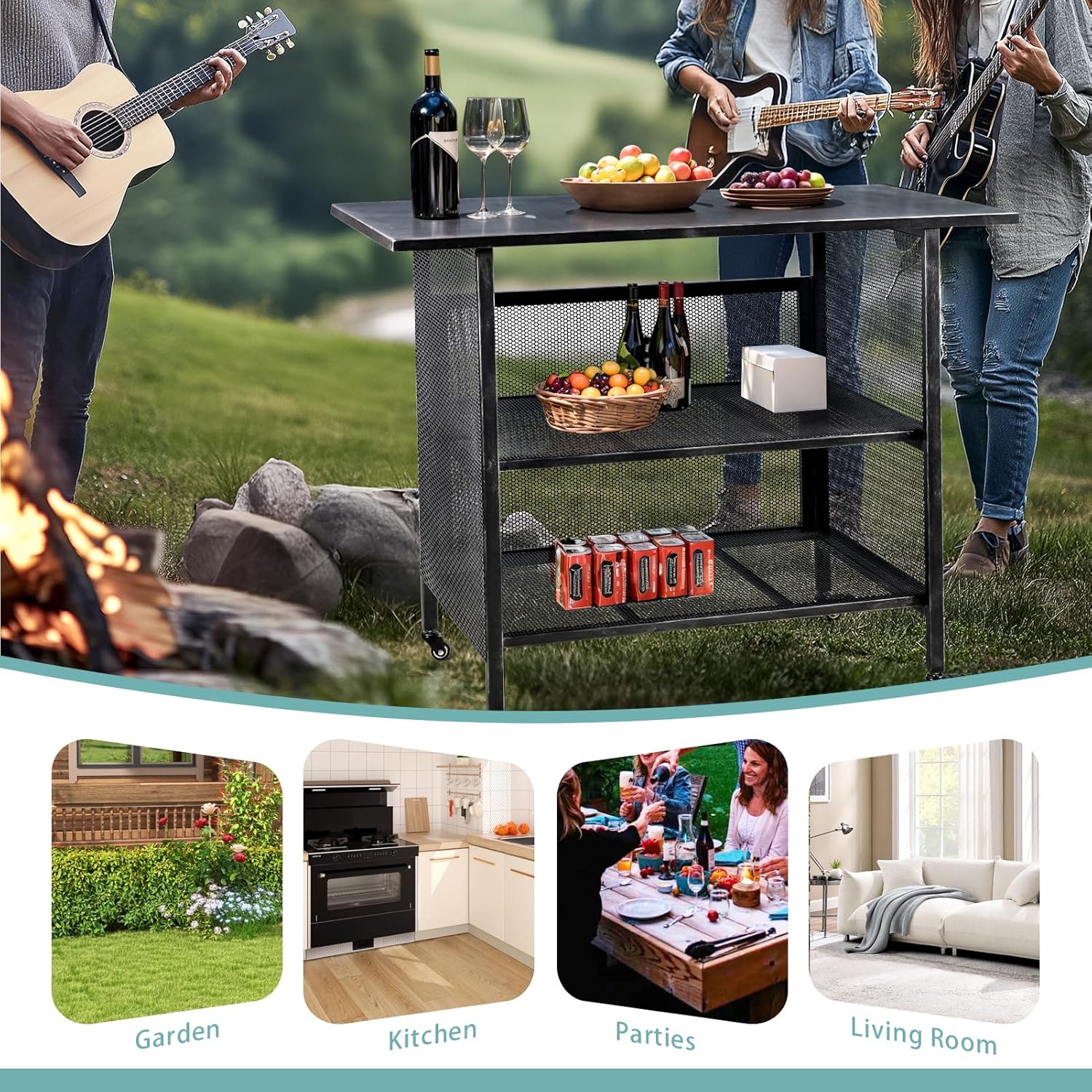 Industrial Kitchen Serving Cart, 3-Tier Metal Storage Trolley, 47.3 x 19.7 x 36.6 inches, Black with Wheels