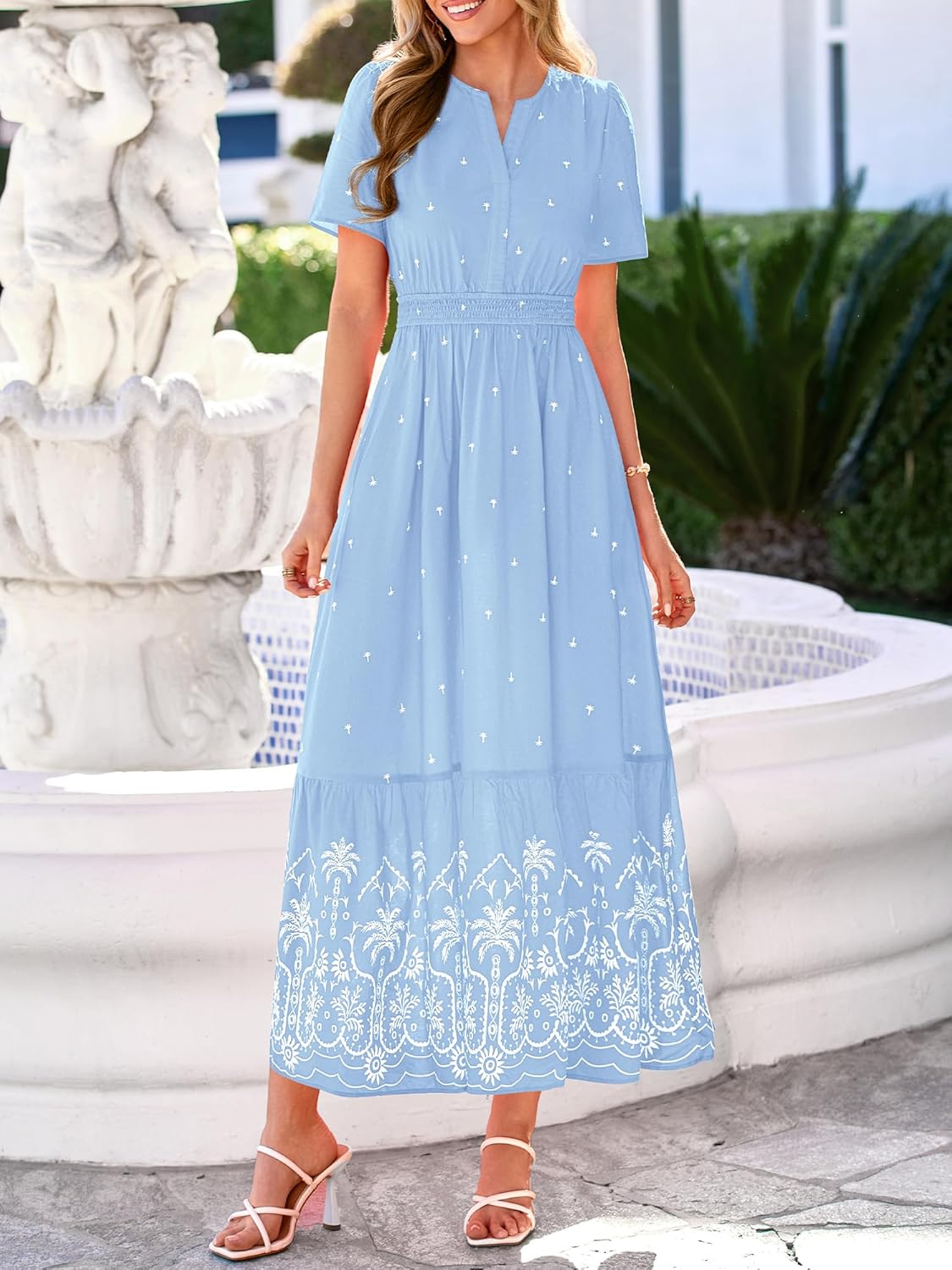 BTFBM Womens Summer Dresses 2026 Casual Short Sleeve Elastic Waist Flowy Beach Vacation Floral Boho Maxi Dress Pockets