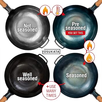YOSUKATA 13.5 Pre-Seasoned Flat Bottom Blue Carbon Steel Wok for Stir Fry