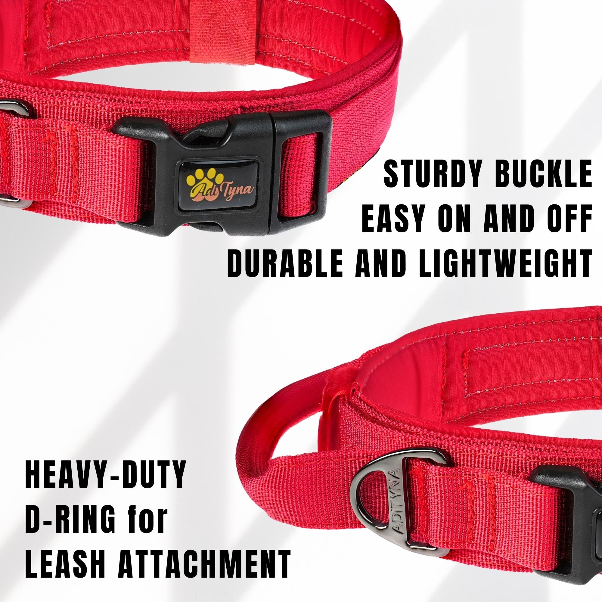 ADITYNA - Tactical XXL Dog Collar for Extra-Large Dogs - Soft Padded, Heavy Duty, Adjustable Big Dog Collar with Handle for Training and Walking (XXL: Fit 25-32" Neck, Red)