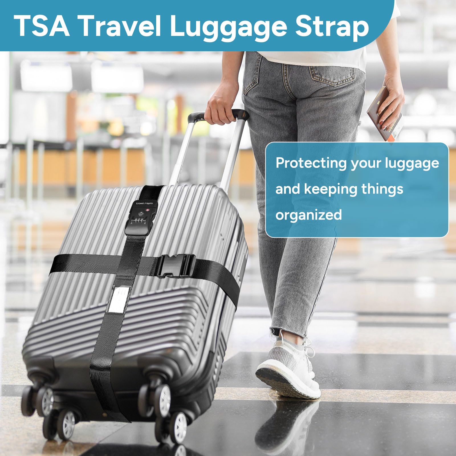 Travel Inspira Cintura antifurto per valigie con serratura TSA | Nylon resistente; serratura approvata TSA con etichetta; regolabile 103-200 cm; cinturino nero sicuro; borse da 20-28 pollici