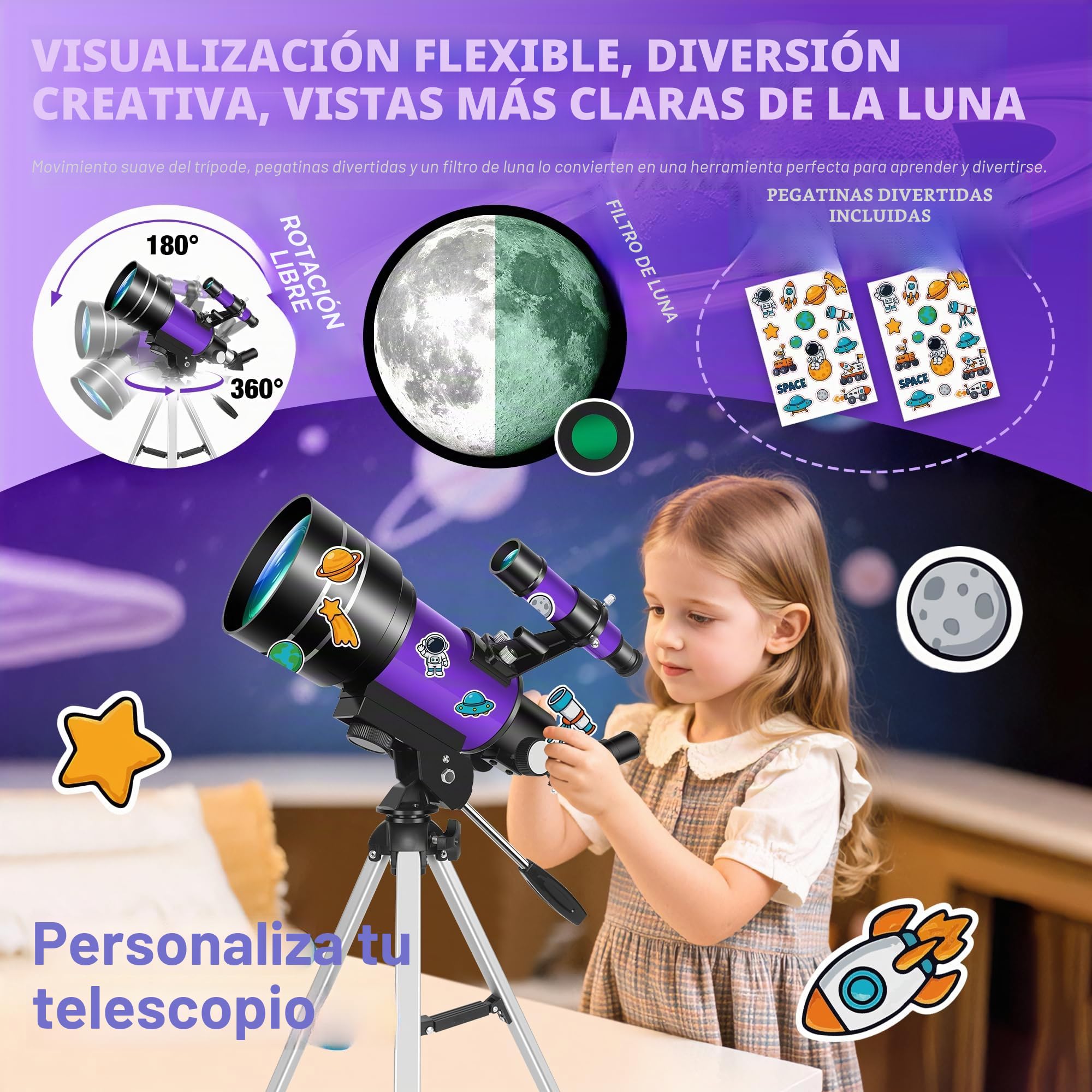 Telescopio Astronómico para Niños, 70 mm Apertura 300 mm (22,5X - 150X) Portatil Refractor Telescopio para Adultos y Principiantes con Trípode y Filtro Lunar para Observar la Luna y Paisajes