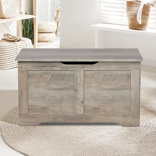 Miniatura 9 de Baúl de almacenamiento de 31.5 pulgadas, banco de almacenamiento de madera, baúl de juguetes con 2 bisagras de seguridad, caja de juguetes grande,