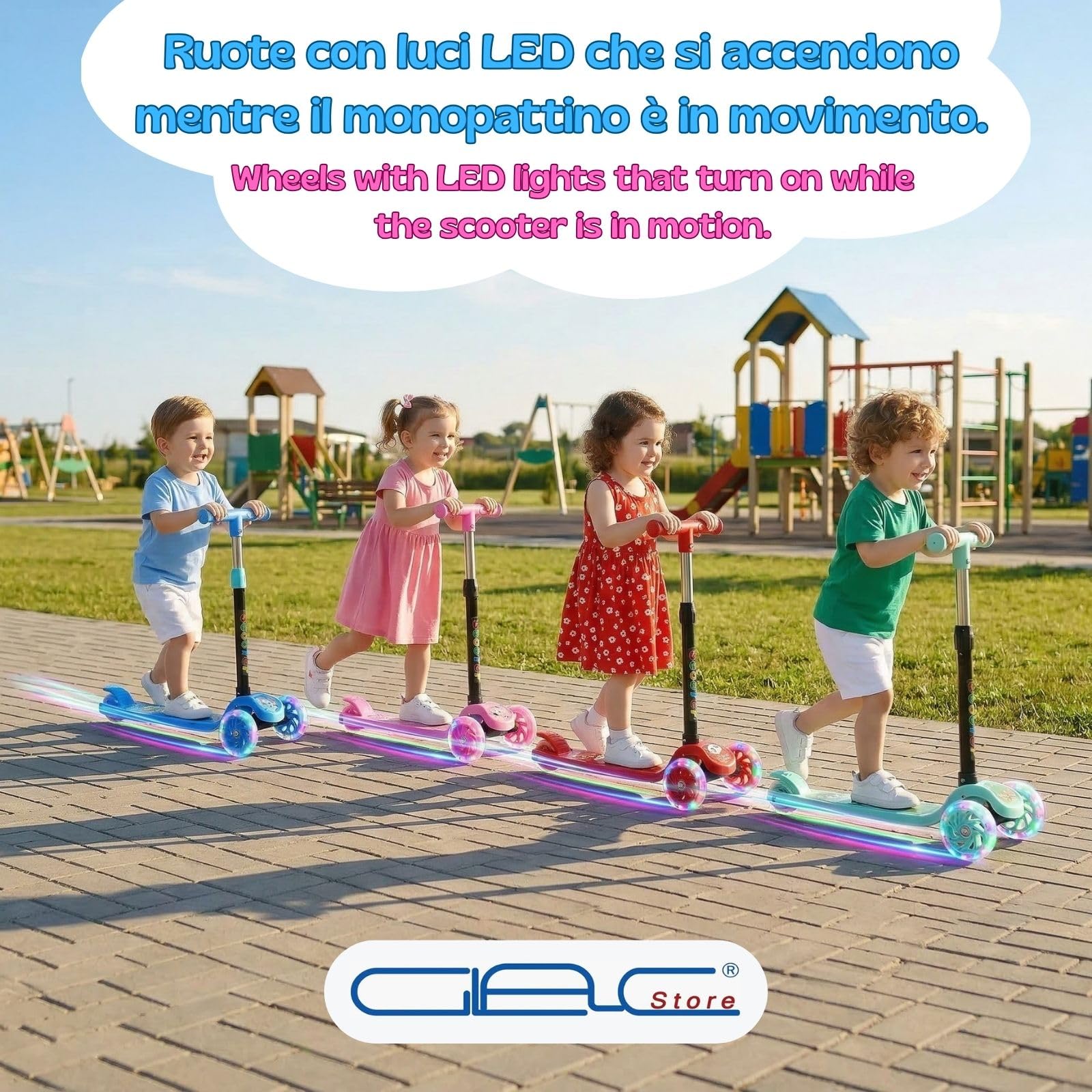 Monopattino per Bambini, 3 Ruote con Luci LED, Manubrio Regolabile in 4 Altezze, Freno a Pedale, Uso Esterno, dai 3 Anni in su