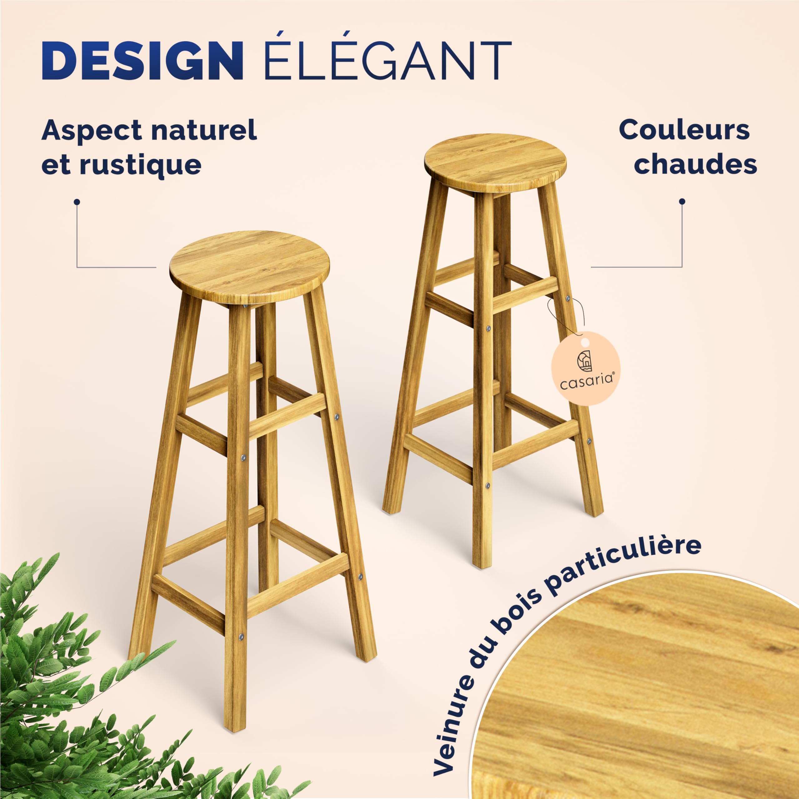 Casaria® 4X Tabourets de Bar chaises Hautes Bois d'acacia Assise Ronde avec Repose-Pieds Hauteur 75 cm Style Rustique