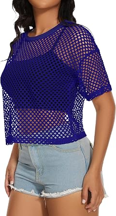 Women's Mesh Fishnet Top Short Sleeves Sheer T Shirts See Through Cover Up