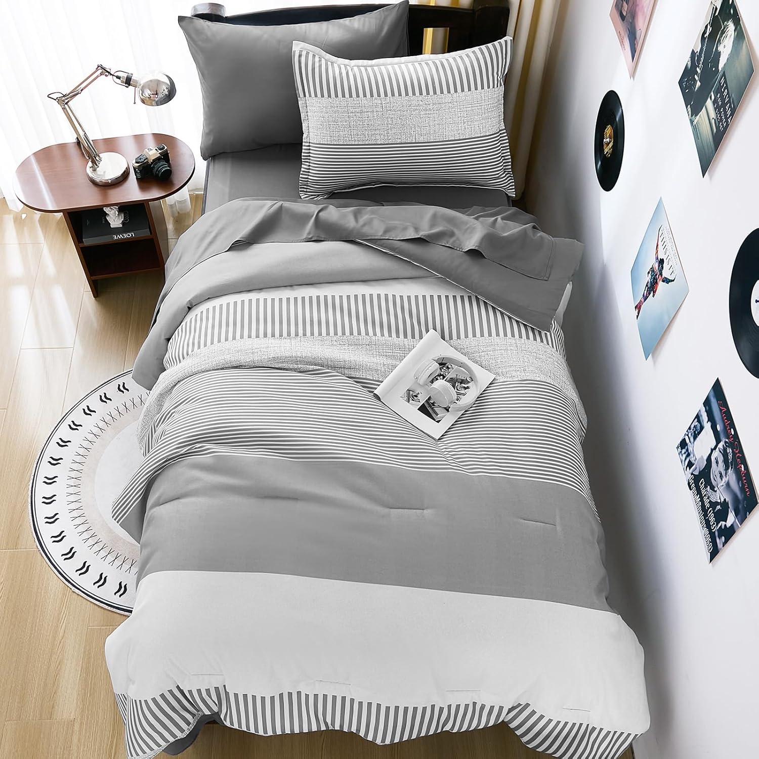 Twin Comforter Set,Classic Striped Design Comforter Set 5 Pieces,Gray Bedding Sets for College,Simple Neutral-Style Comfortable Comforter Set for Dorm