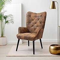 Vista 7 de ECOTOUGE Silla WingBack, silla de acento rústica con brazos tapizados, respaldo de botón para sala de estar (marrón)
