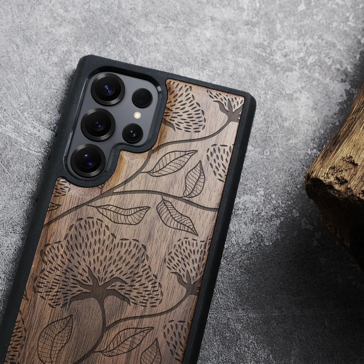 Carveit Magnetic Wooden Case for Samsung Galaxy S25 Ultra Case 2025, TPU Shockproof Cover & Wood Artisan Engraved, Compatible with MagSafe Wireless Chargers (Dotted Floral Bloom) Walnut