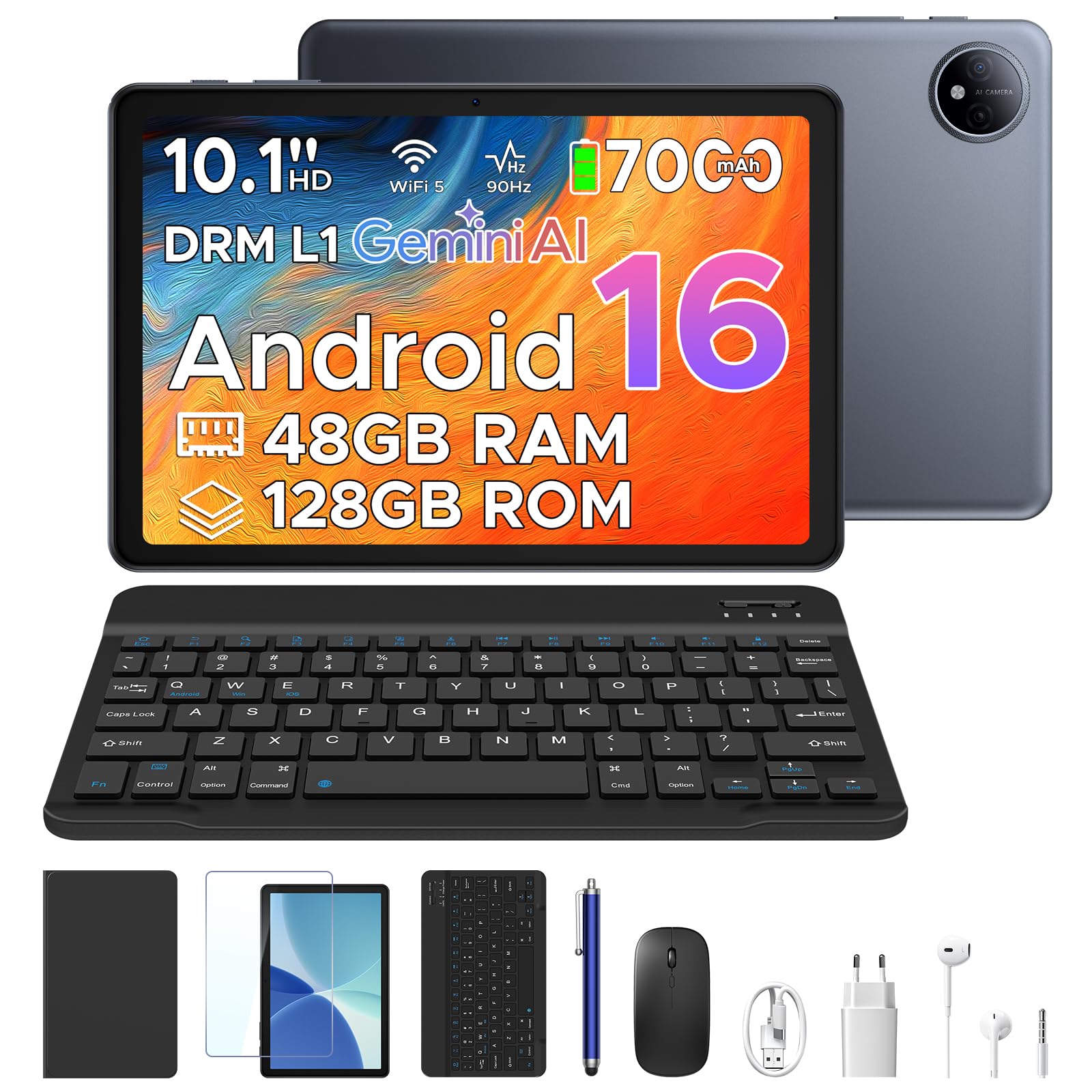 P10 Tablet Android 16, Tablet 10 Pulgadas 48GB RAM+128GB ROM/2TB TF, Tableta con Teclado y Lapiz, 90Hz Screen, 7000mAh, Gemini AI, 5G WiFi, Face ID, 5W OTG, OTG, GPS, 3.5mm, Widevine L1, Gris