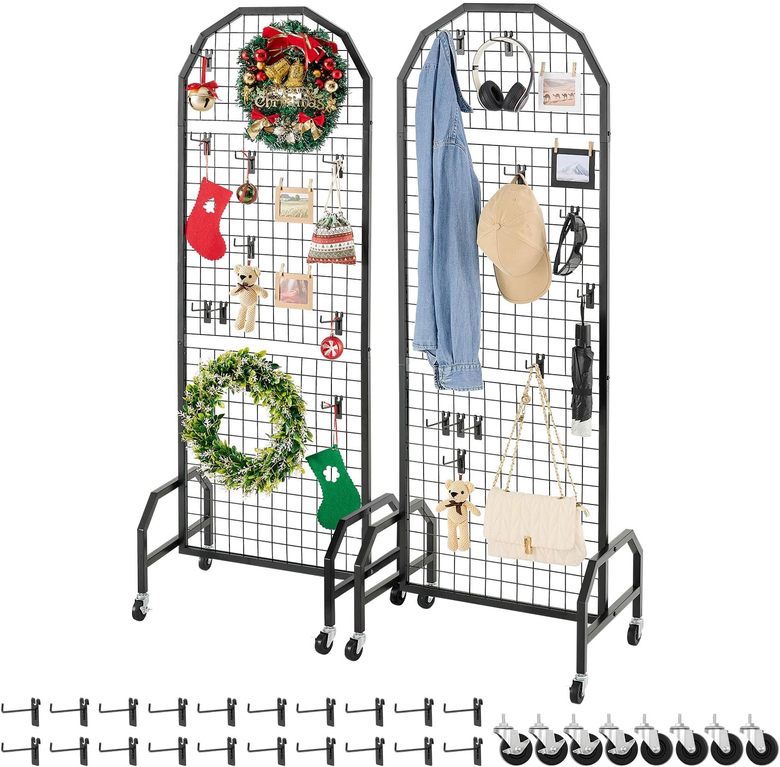 2 Packs Grid Wall Panels, 1.9 x 5.4 ft Wire Grid Panels Display Rack, Movable Art Display Shelf with Wheels and 20 Hooks, Black Carbon Steel Gridwall for Craft Show, Decor, Storage, Notice Board