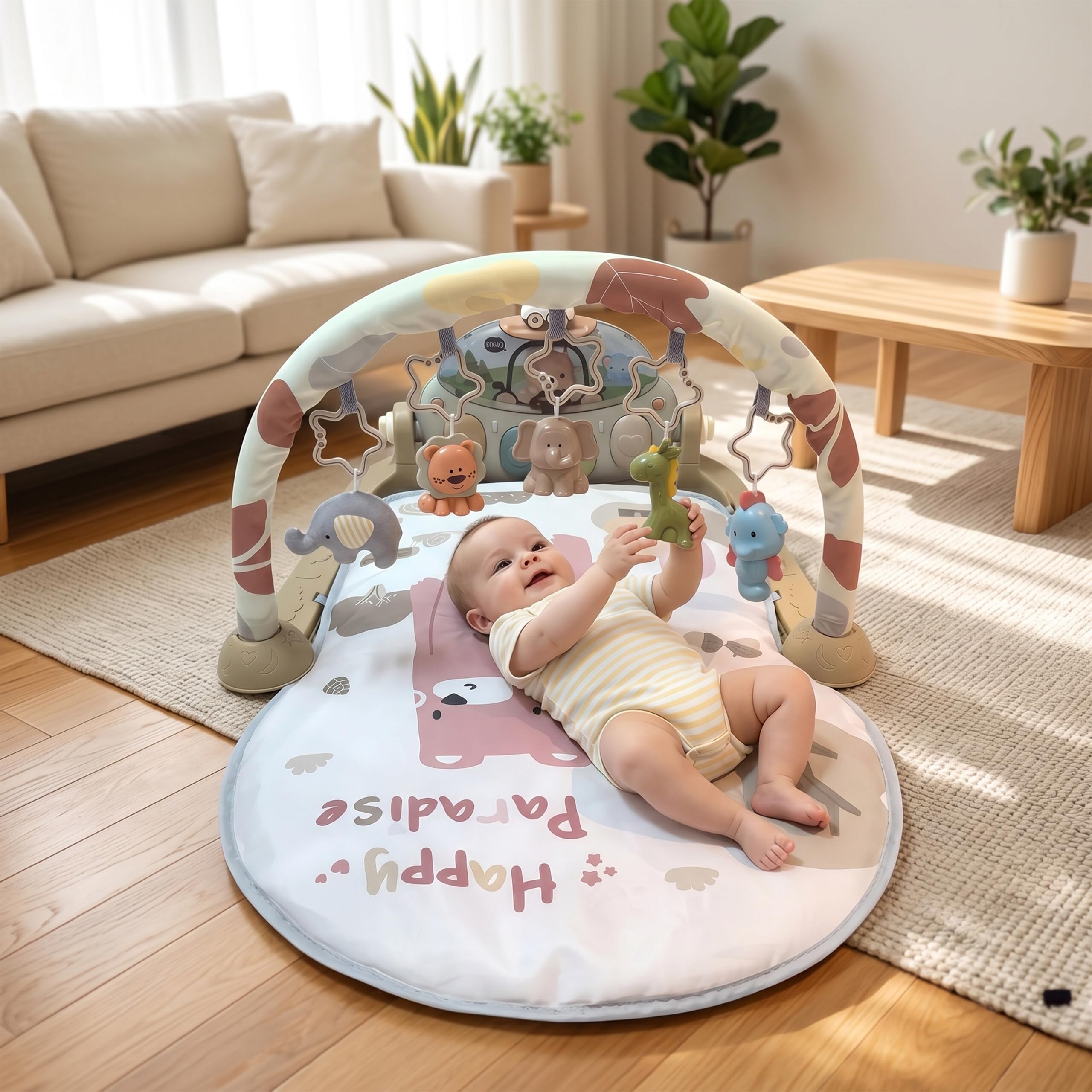 Relaxdays Arco de Juego con Juguetes, música y Luces, 42 x 64 x 80 cm, Tela, Gimnasio para bebés, Alfombra Oso marrón