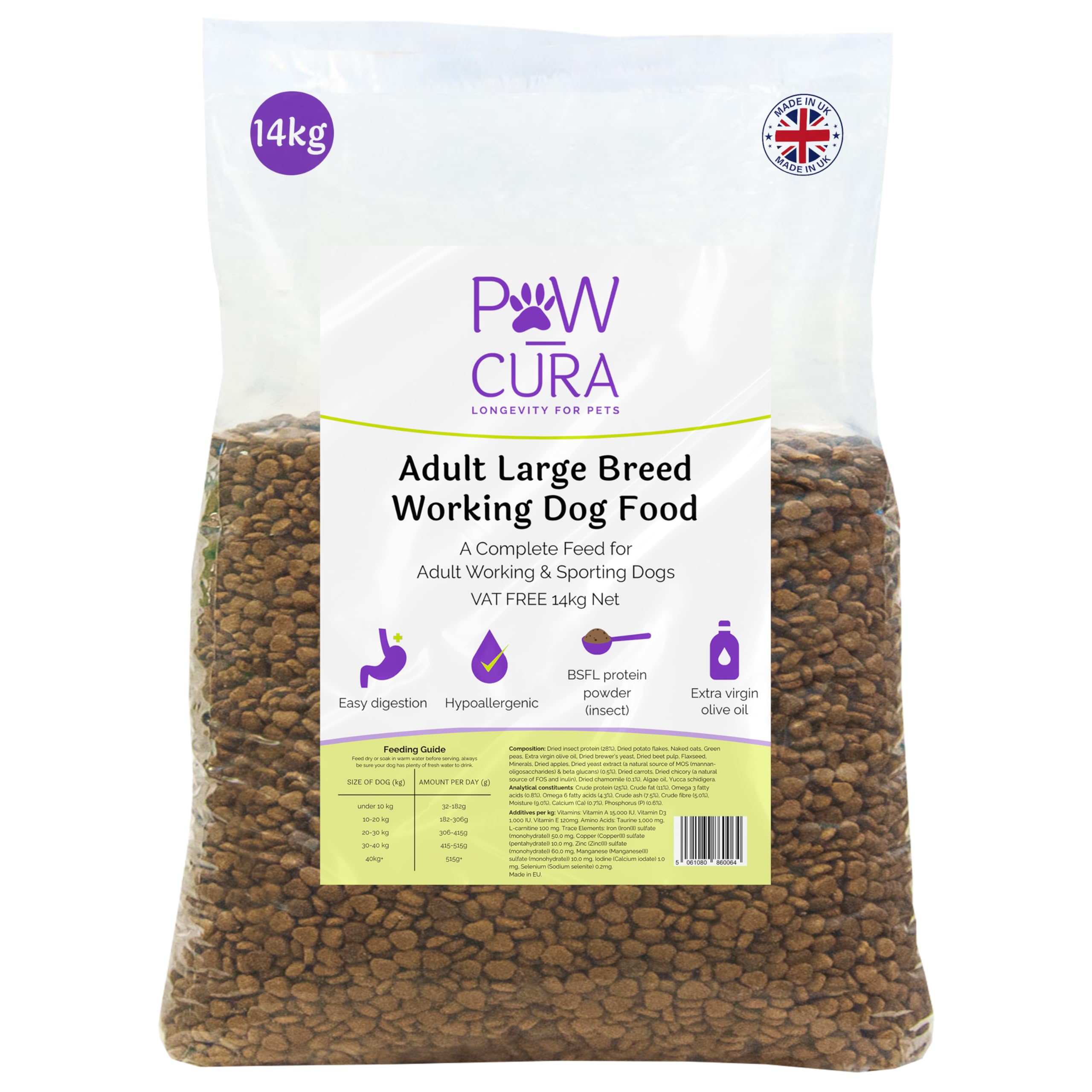 Pawcura Hypoallergenic Dog Food. Adult Large Breed working dog food for sensitive stomach. Insect Formula, High Protein, Sustainable nutrition – 14kg Bag