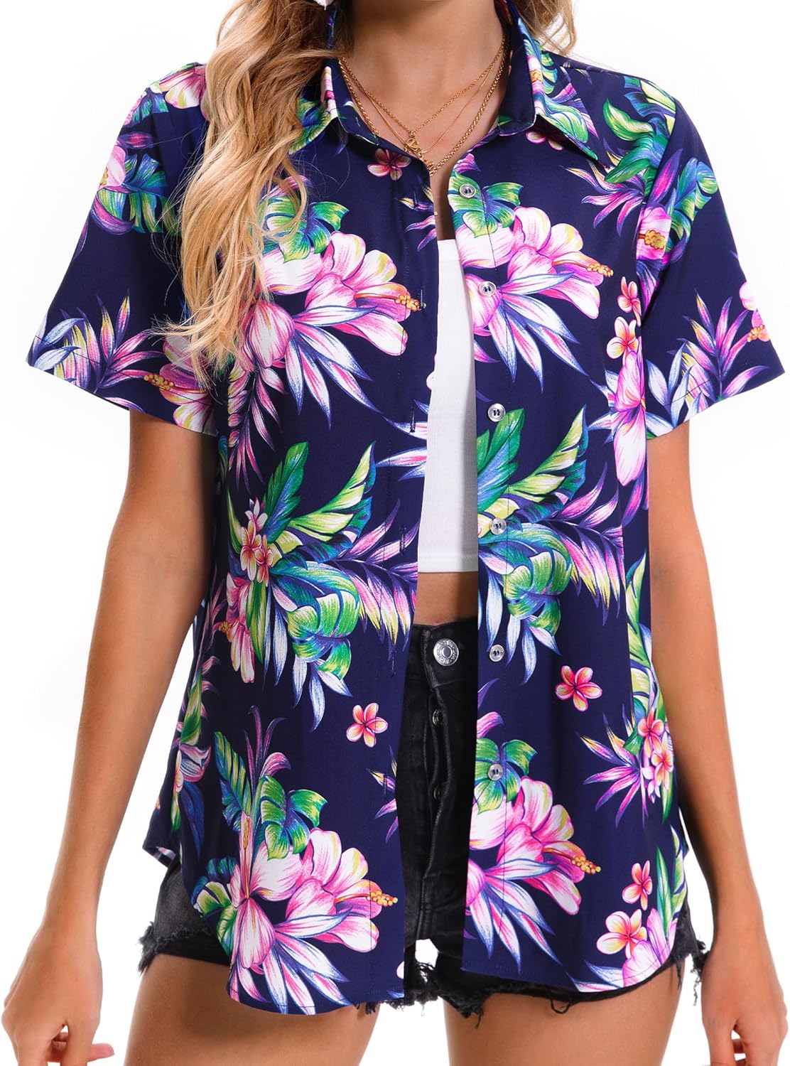 Womens Hawaiian Shirt Soft Cool Summer Hawaii Shirts Floral Tropic Print V Neck T-Shirt Short Sleeve Button Up Tops - Image 4