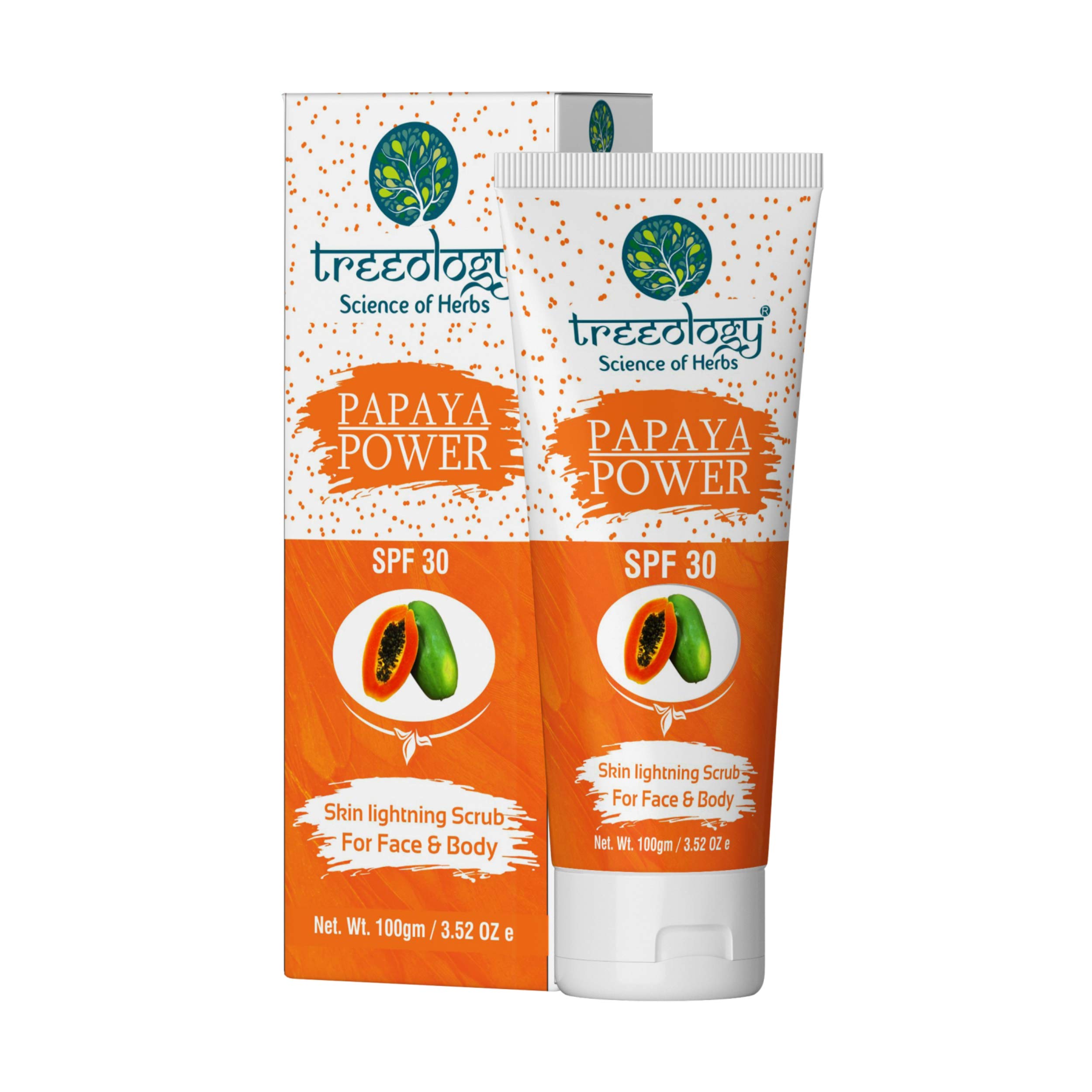 Treeology Natural Papaya Power Skin Lightening exfoliating Scrub for Face and Body SPF 30 with Carrot, Daisy Flower and Avocado for instant glowing skin, 100 gms