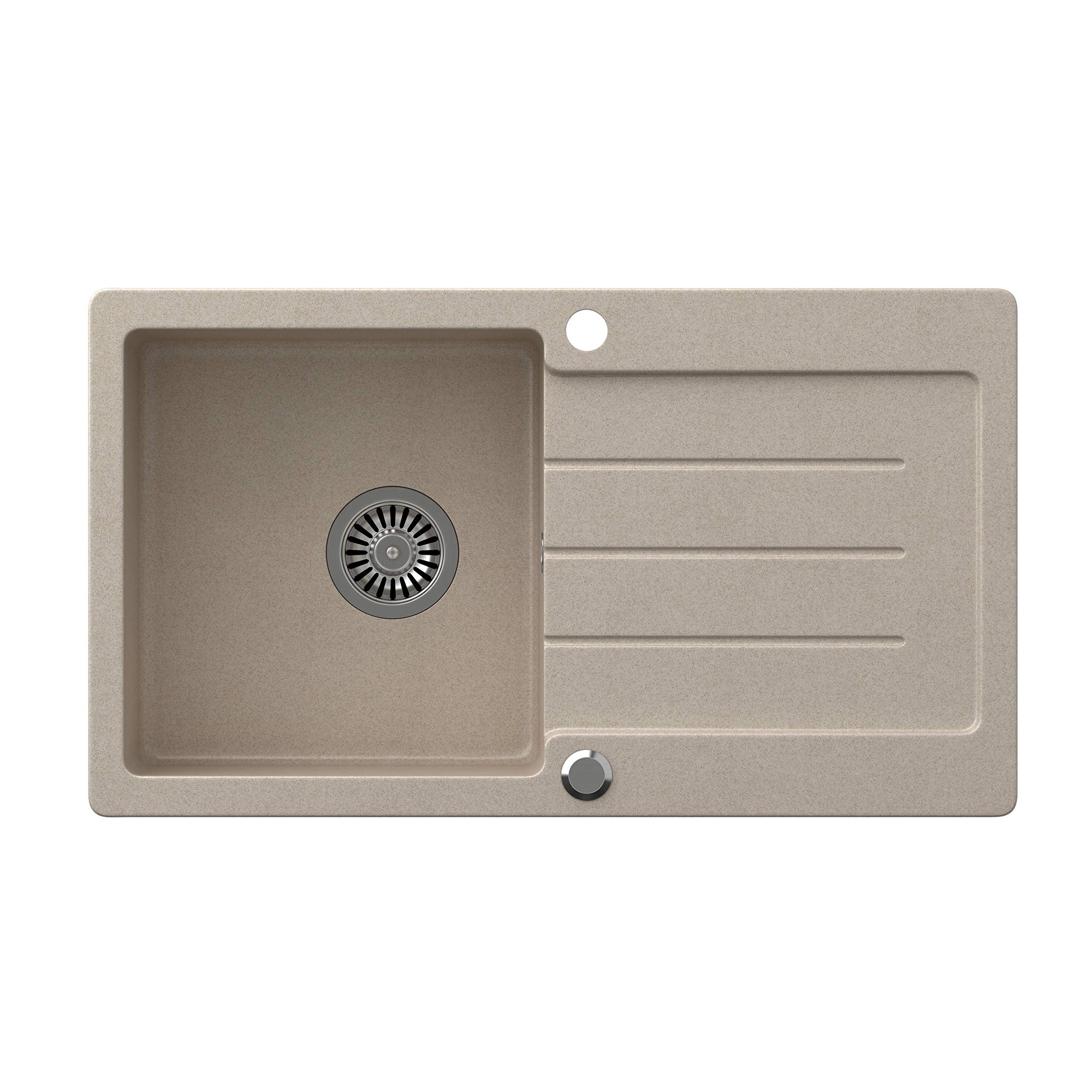 VBChome Granit-Küchenspüle In Beige (77x44 Cm) Mit Abtropffläche & Siphon – Robust, Hitzebeständig & Leicht Zu Reinigen