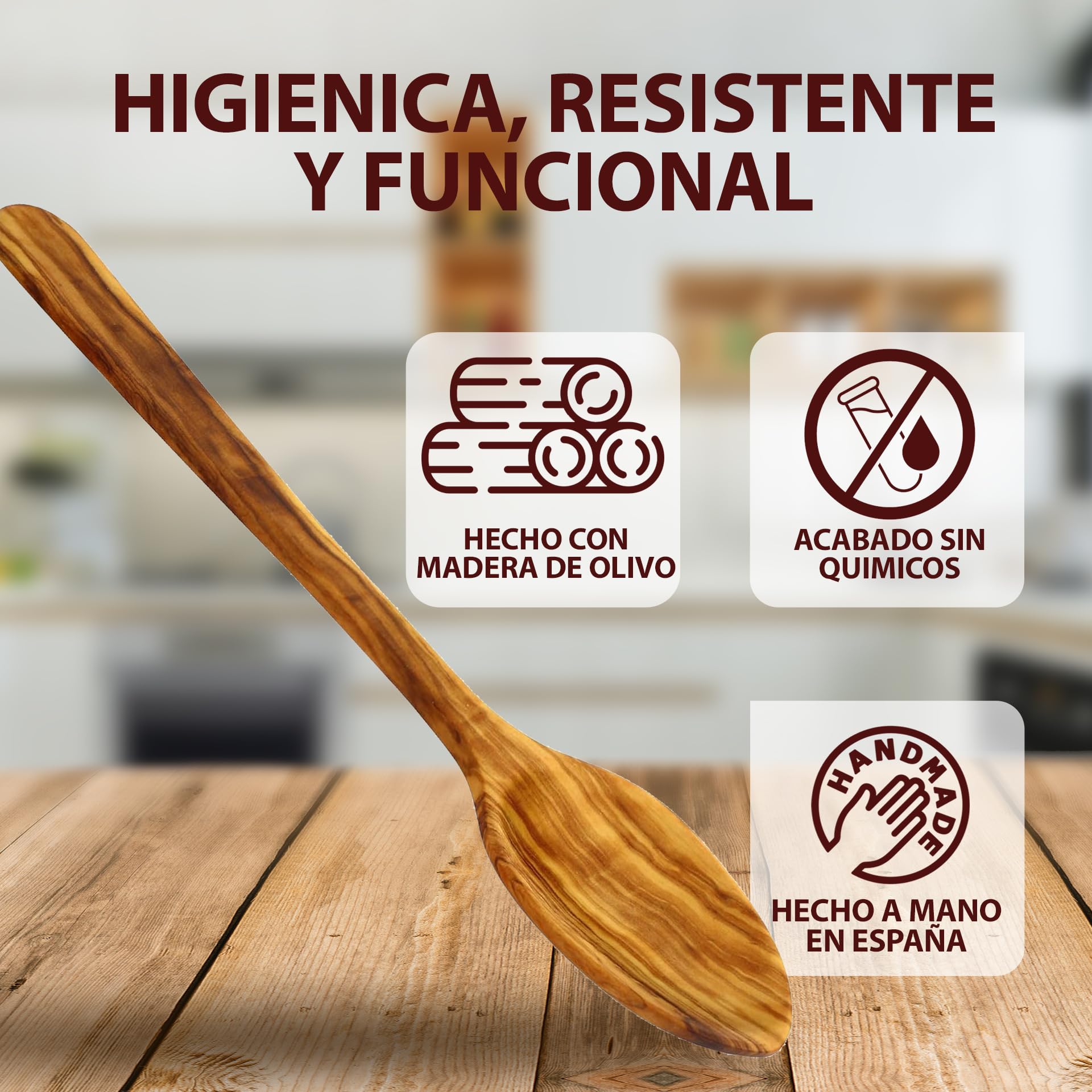 Justa La Fusta | Cuchara Madera Cocina | Utensilios, De Olivo, Fabricada Artesanalmente en España, (31,5 x 5 cm) | Resistente