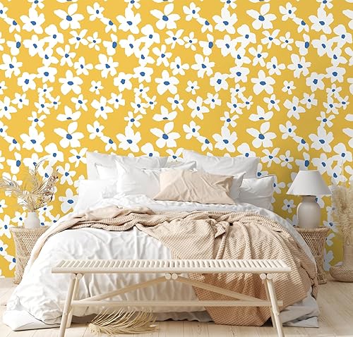 HAOKHOME 93391-1 - Papel tapiz autoadhesivo amarillo floral amarilloblancoazul, papel de pared extraíble para dormitorio, baño, papel adhesivo